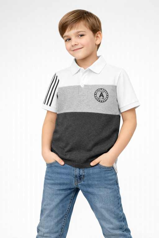 Boys white grey colorblock polo t-shirt front view with charcoal panel kids casual collar tee.