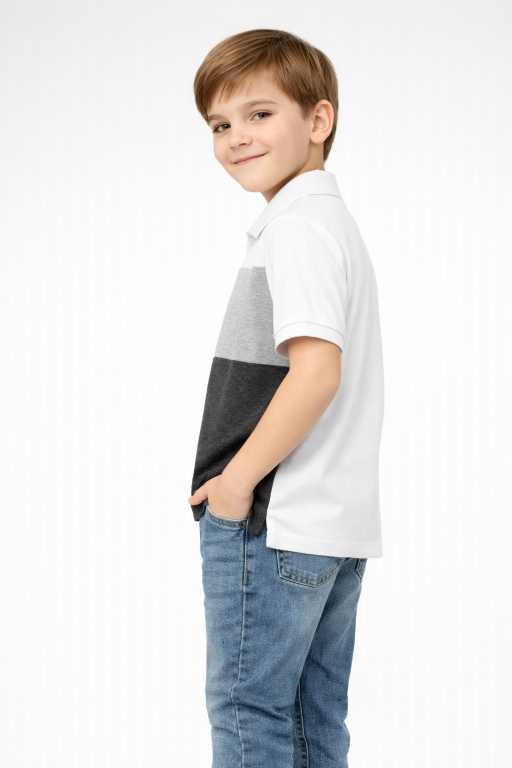 boys white grey half sleeve polo t-shirt with colorblock design stylish kids wear.