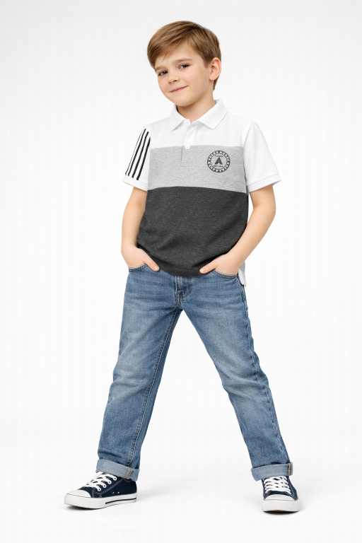 Boys white grey polo t-shirt with charcoal panel paired with jeans full body trendy kids fashion wear.