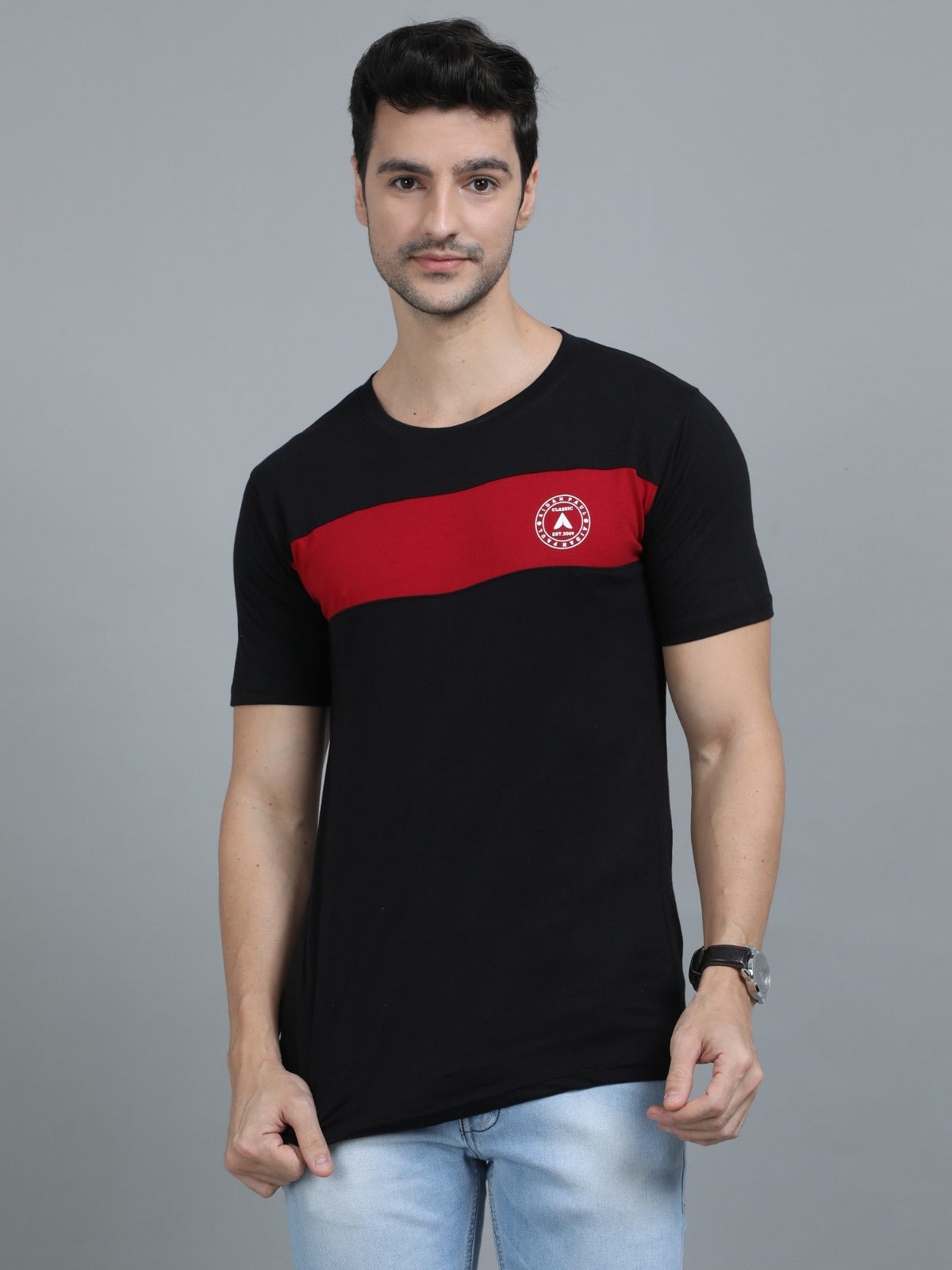 Men black half sleeve t-shirt front view with red chest stripe and logo patch stylish casual wear.