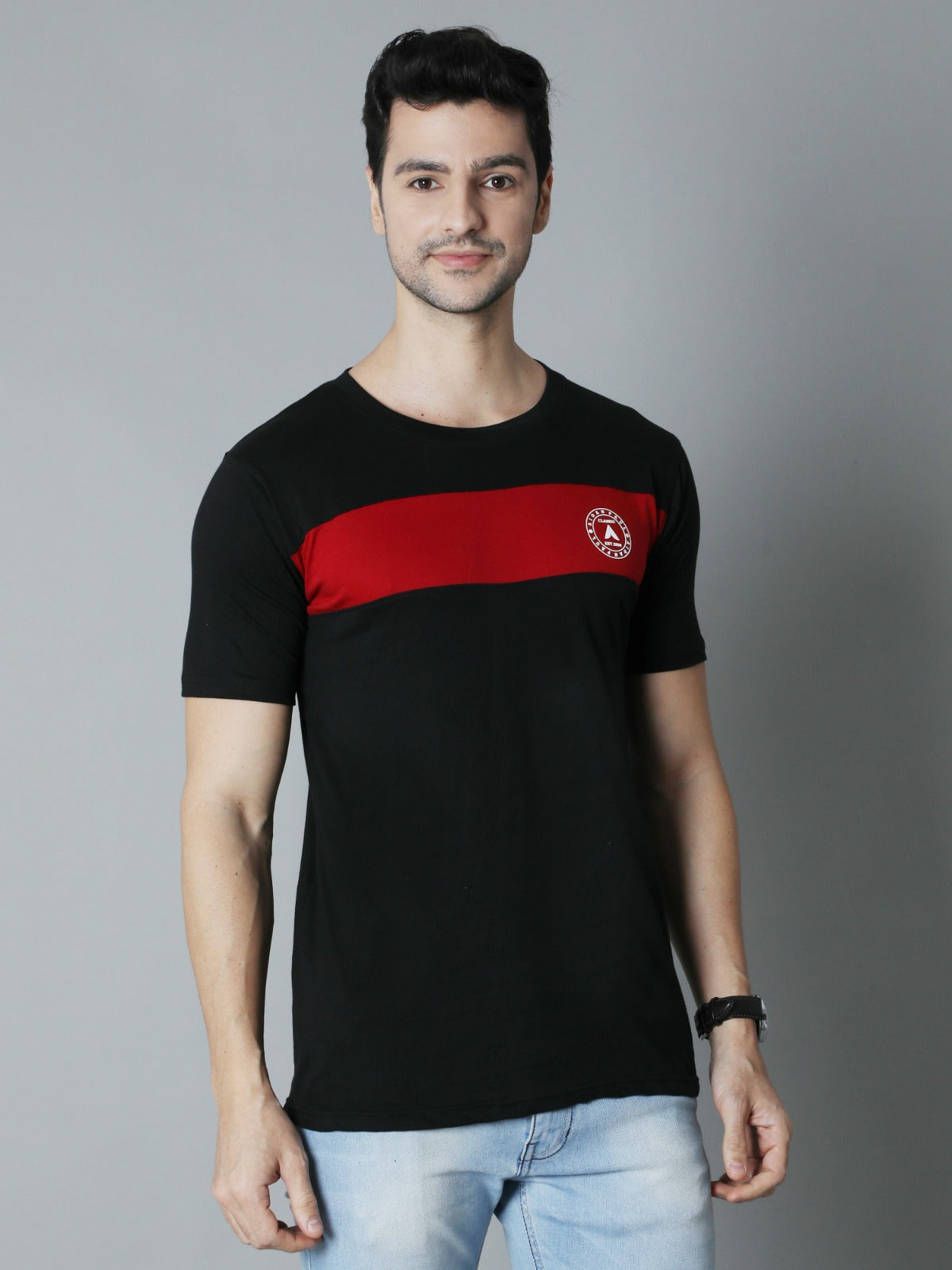 Trendy men's black cotton round neck t-shirt with red stripe premium summer fashion for men.