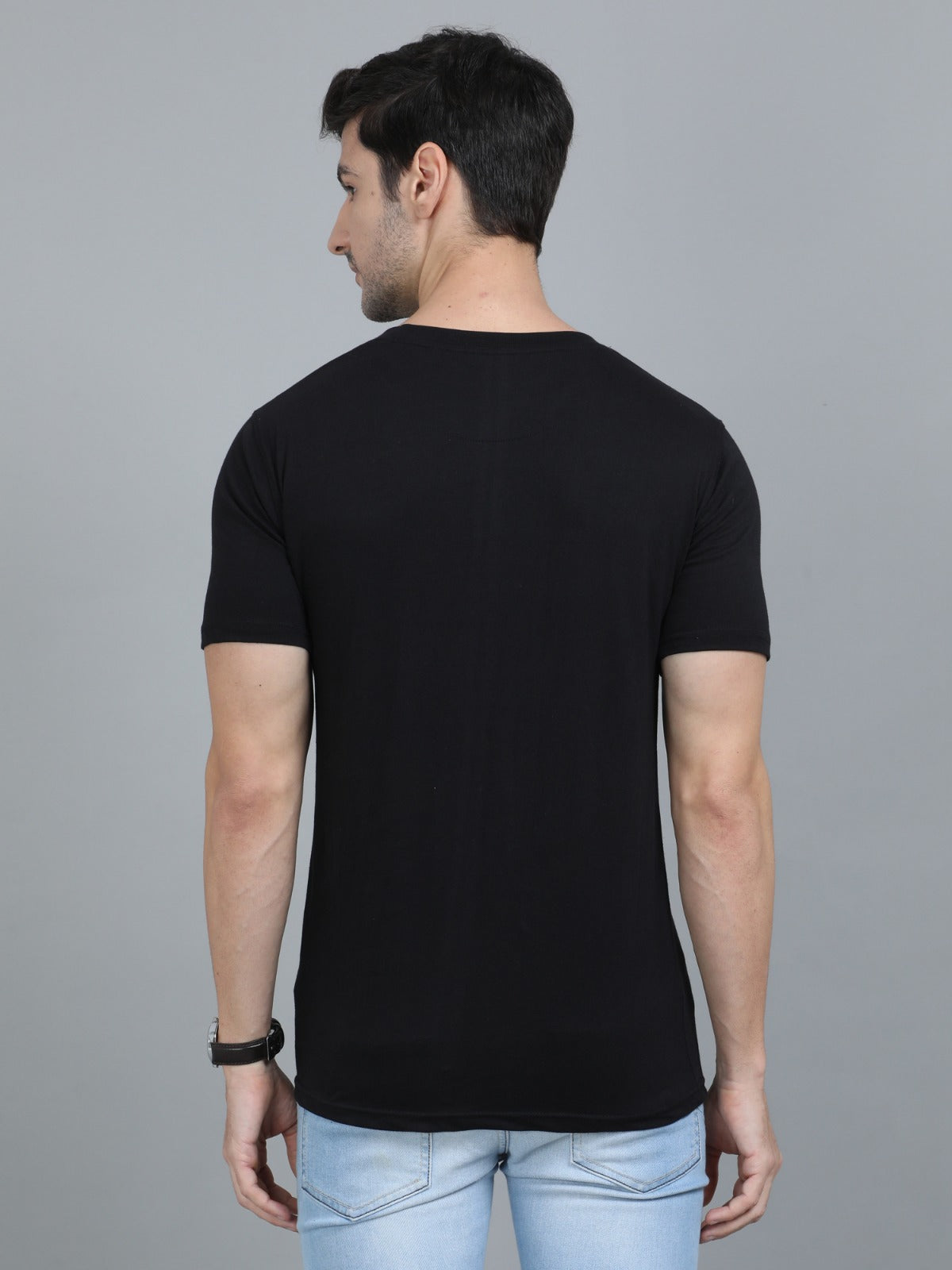 Stylish men's black slim fit t-shirt with red horizontal chest panel modern casual outfit.