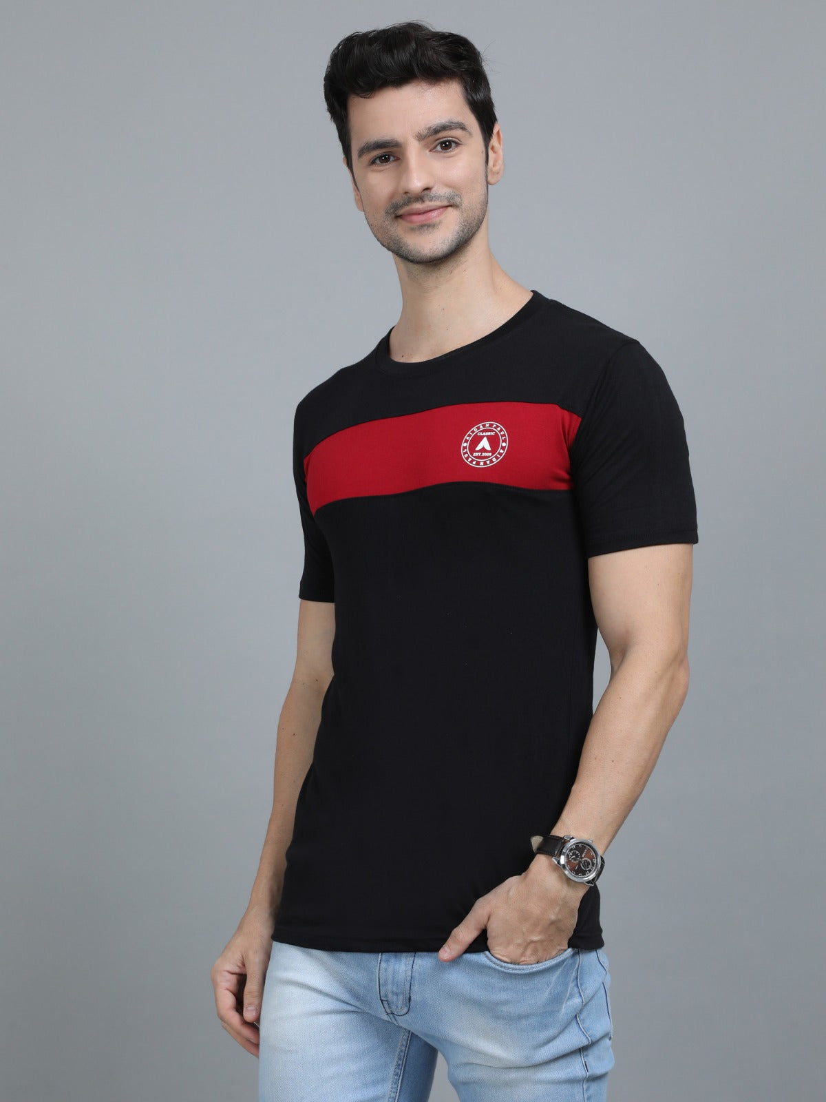 Premium men's black casual t-shirt with half sleeves and chest stripe comfortable cotton clothing.