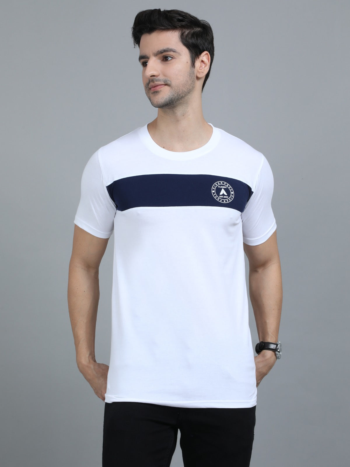 Men white half sleeve t-shirt front view with navy chest stripe and logo patch stylish casual wear.