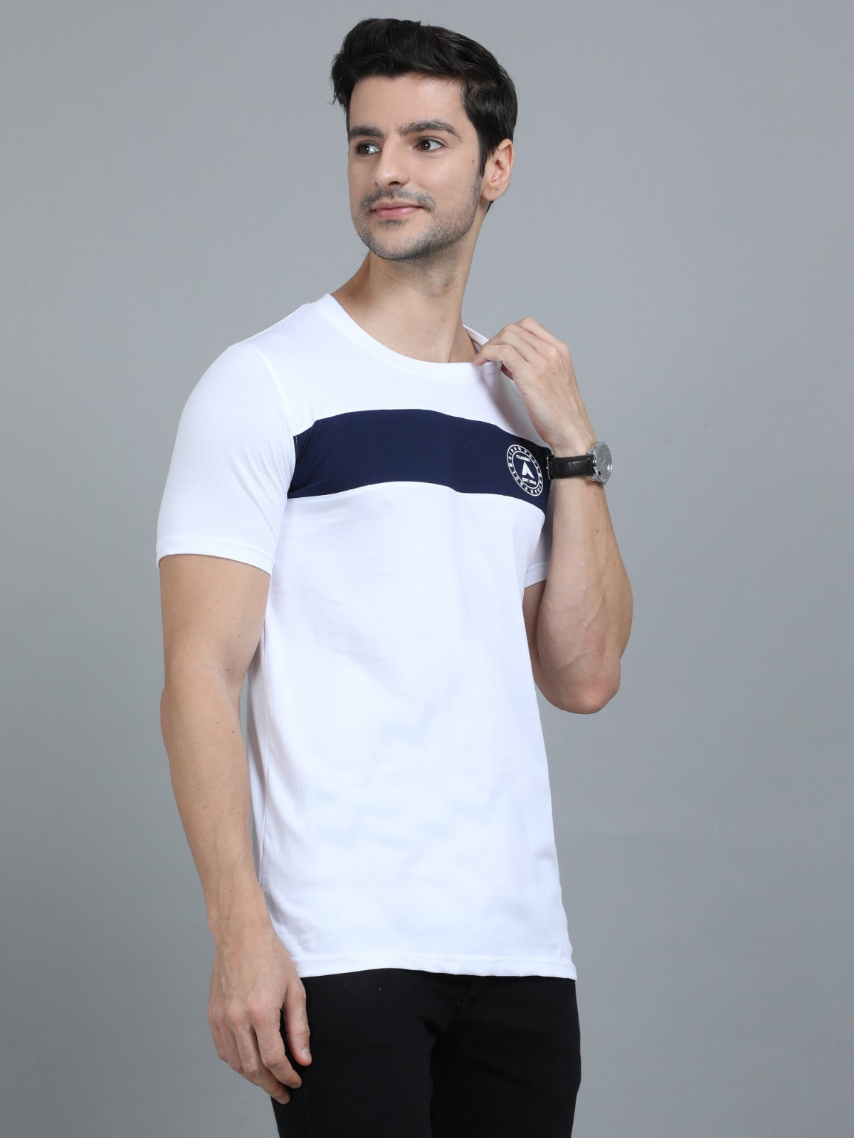 Trendy men's white cotton round neck t-shirt with navy stripe premium summer fashion for men.
