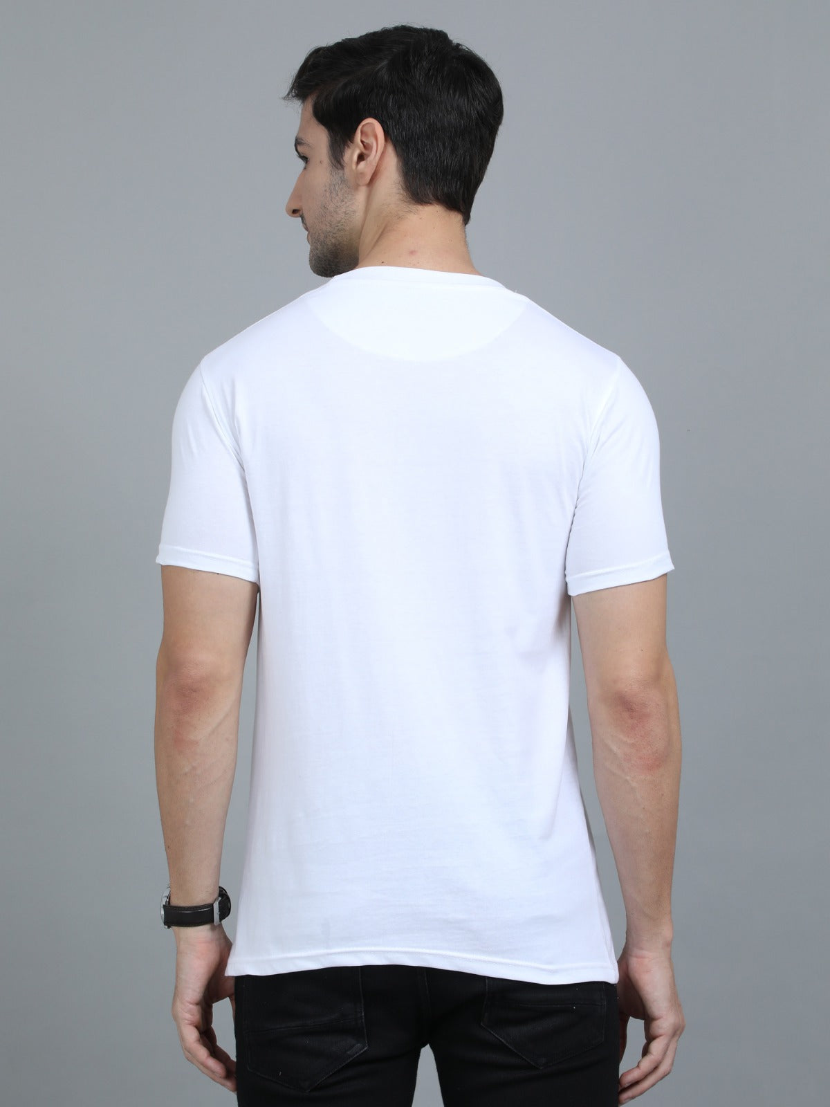 Premium men's white casual t-shirt with half sleeves and chest stripe comfortable cotton clothing.