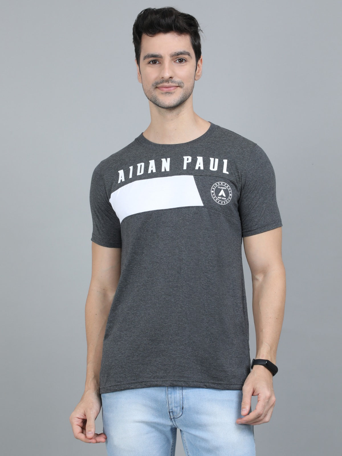 Men charcoal grey half sleeve t-shirt front view with white chest panel print and logo stylish casual wear