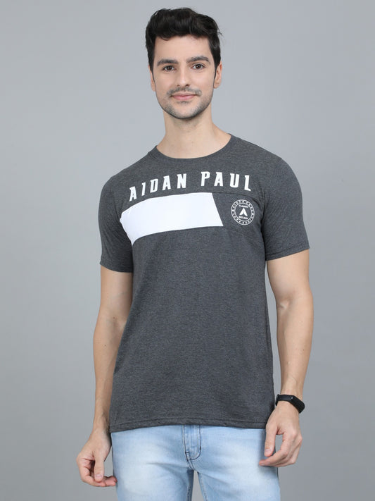 Men charcoal grey half sleeve t-shirt front view with white chest panel print and logo stylish casual wear