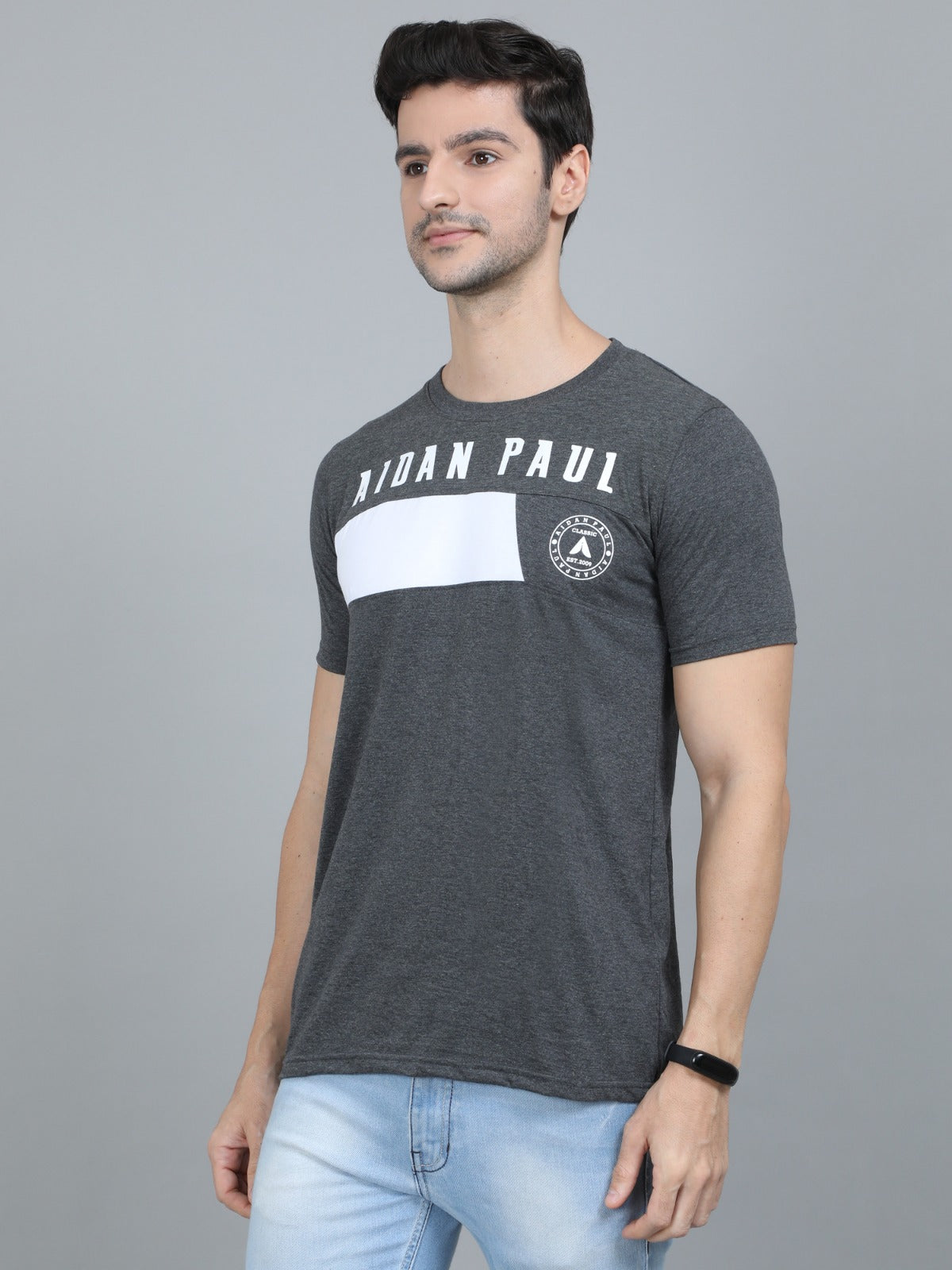 Trendy men's charcoal grey cotton round neck t-shirt with graphic chest design premium summer fashion for men.