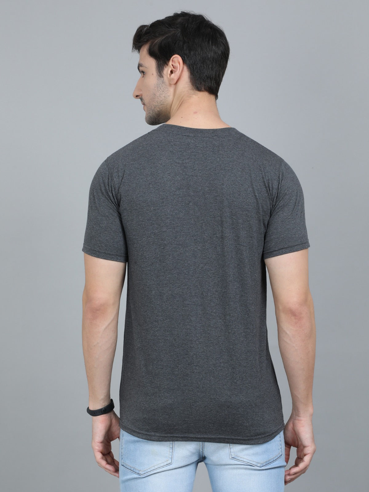 Men's charcoal crew neck t-shirt with front print paired with light blue jeans smart everyday fashion wear.