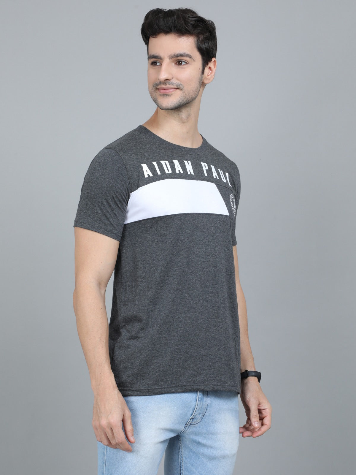 Premium men's grey casual t-shirt with half sleeves and chest graphic comfortable cotton clothing.