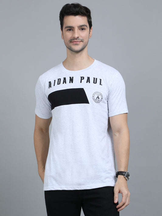 Mens white half sleeve t-shirt front view with black chest graphic and Aidan Paul print stylish casual wear.