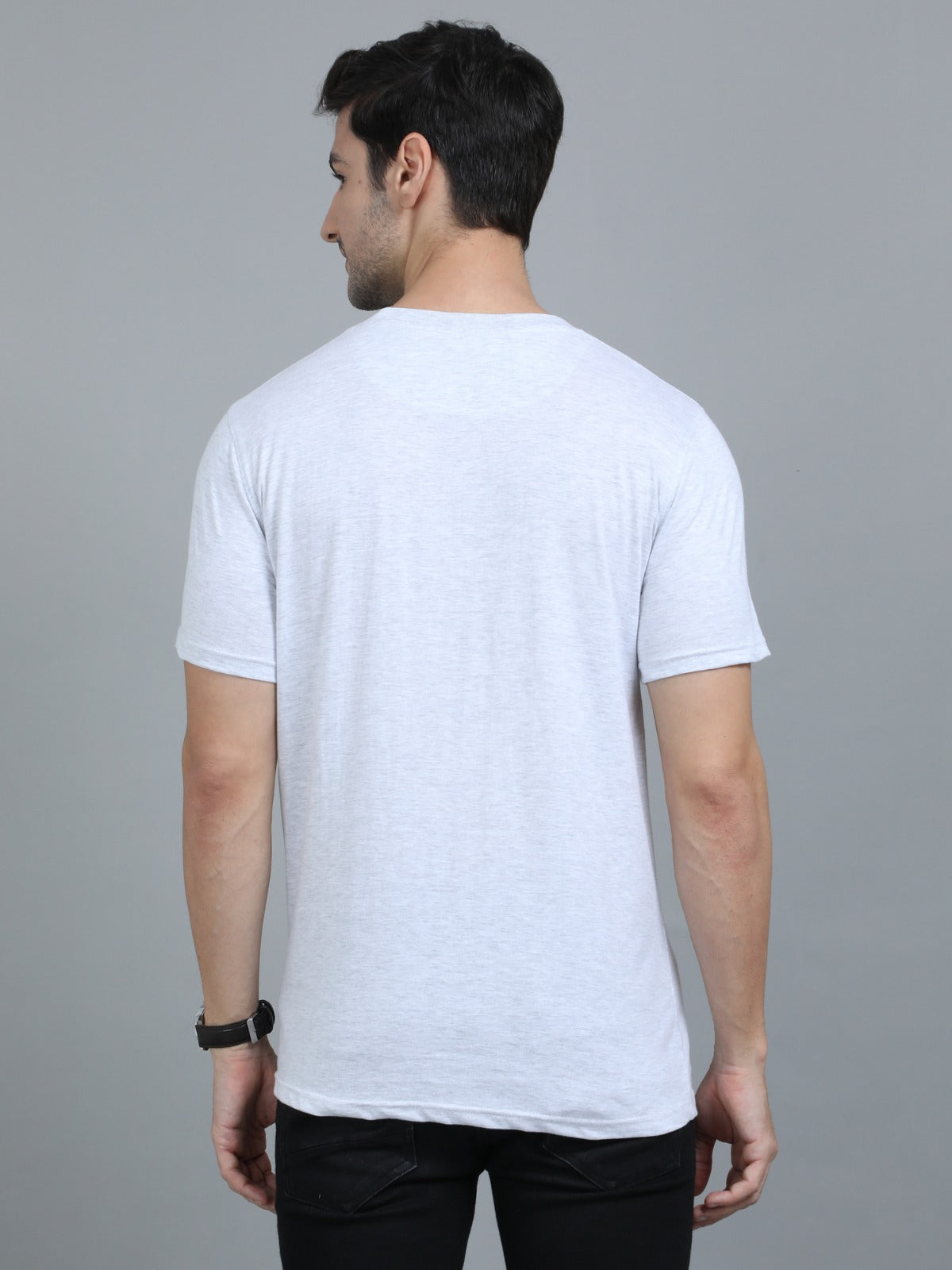 Trendy men's white cotton round neck t-shirt with black panel design premium summer fashion for men.