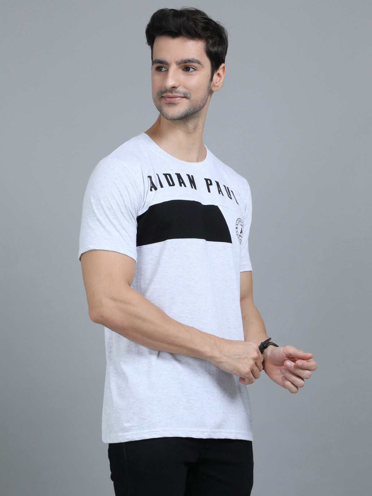 Premium men's white casual t-shirt with half sleeves and black chest stripe comfortable cotton clothing