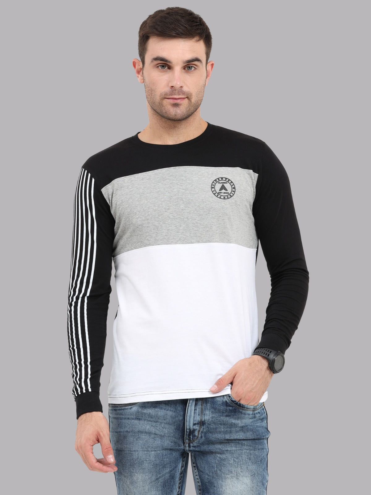 Men black grey and white full sleeve t-shirt front view with striped sleeve stylish casual wear.
