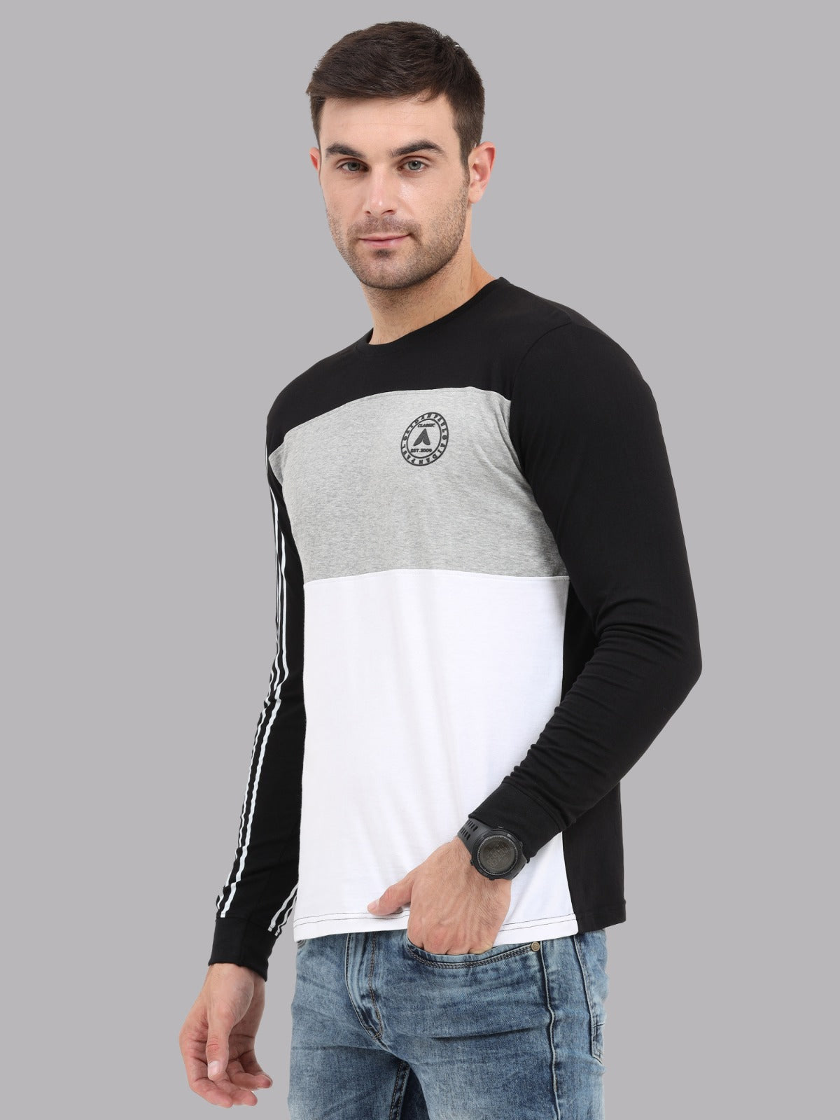 Trendy men's cotton round neck full sleeve t-shirt with black sleeves grey chest panel and white lower design.