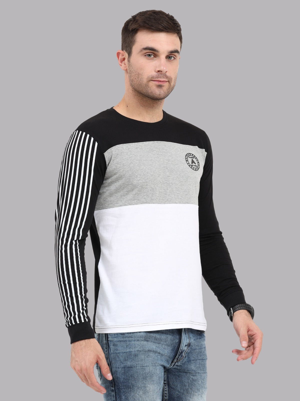 Stylish men's slim fit full sleeve t-shirt with stripe sleeve detail and logo print modern casual outfit.