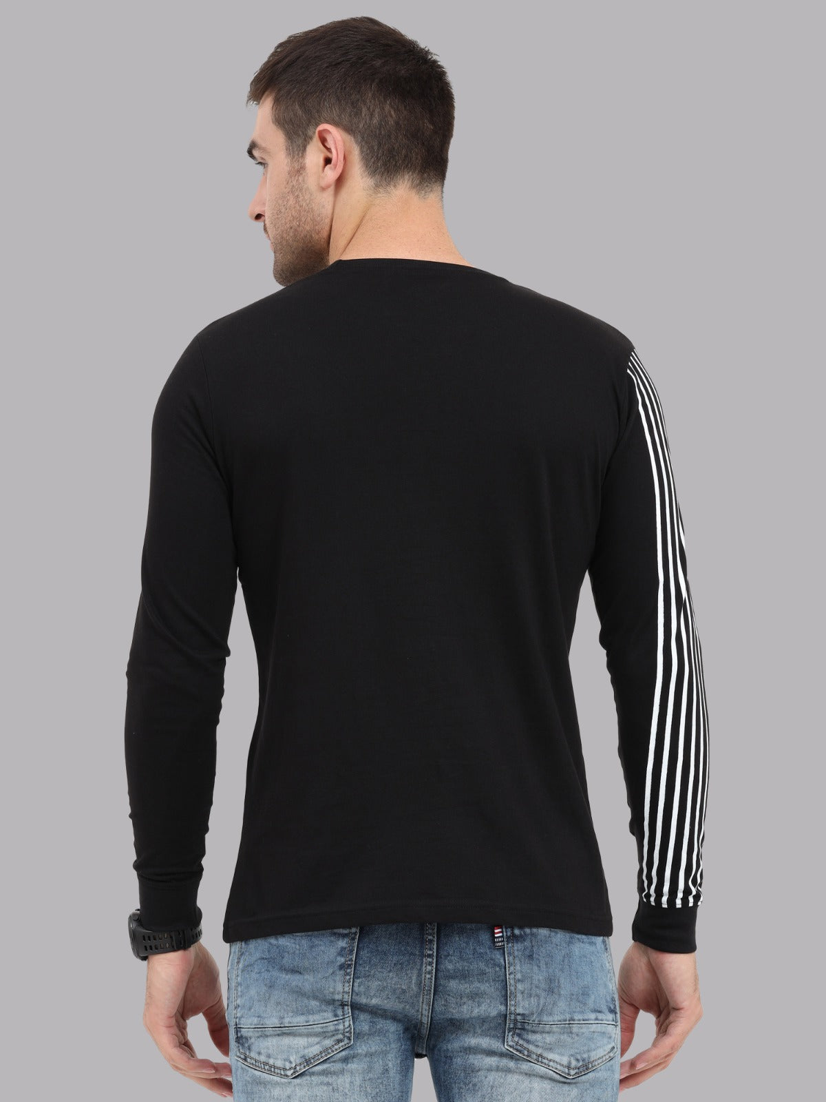 Men's premium full sleeve t-shirt in black grey and white paired with blue jeans smart everyday fashion wear.
