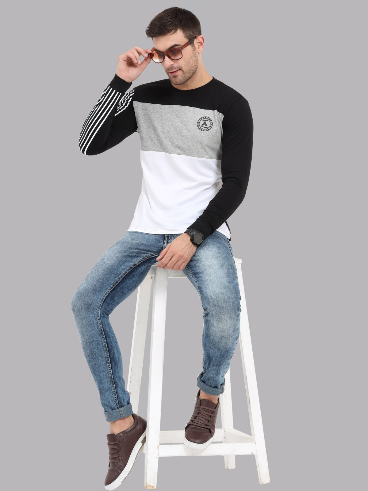 Comfortable men's winter t-shirt with full sleeves colorblock pattern and soft cotton fabric casual clothing