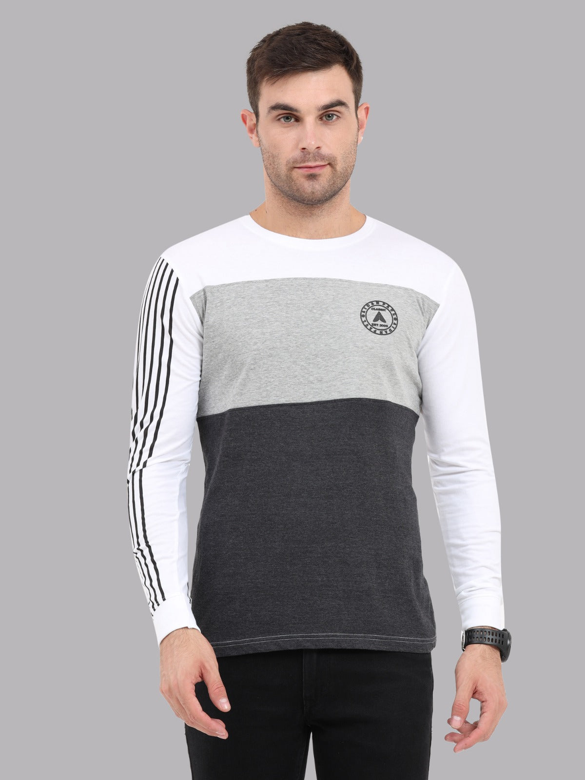 Men white grey and charcoal full sleeve t-shirt side front view with striped sleeve stylish casual wear.