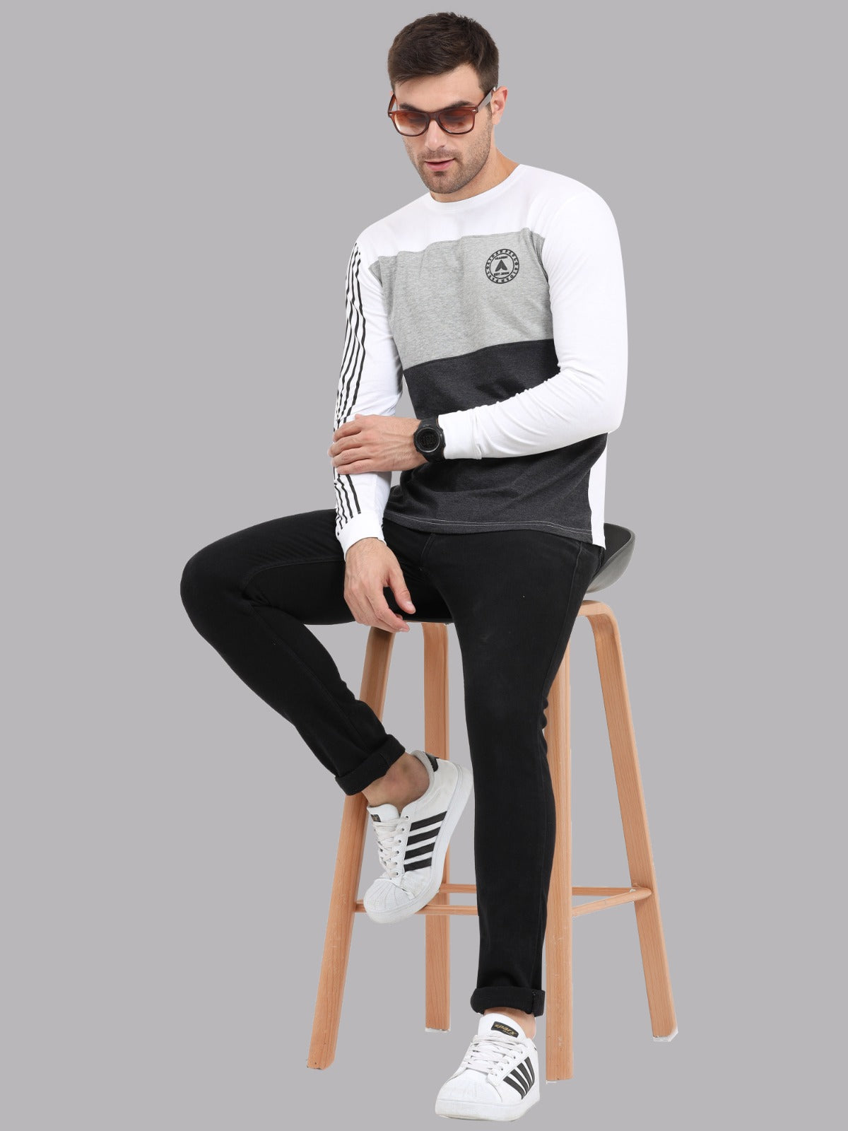 Trendy men's cotton round neck full sleeve t-shirt with white sleeves grey chest panel and charcoal lower design.