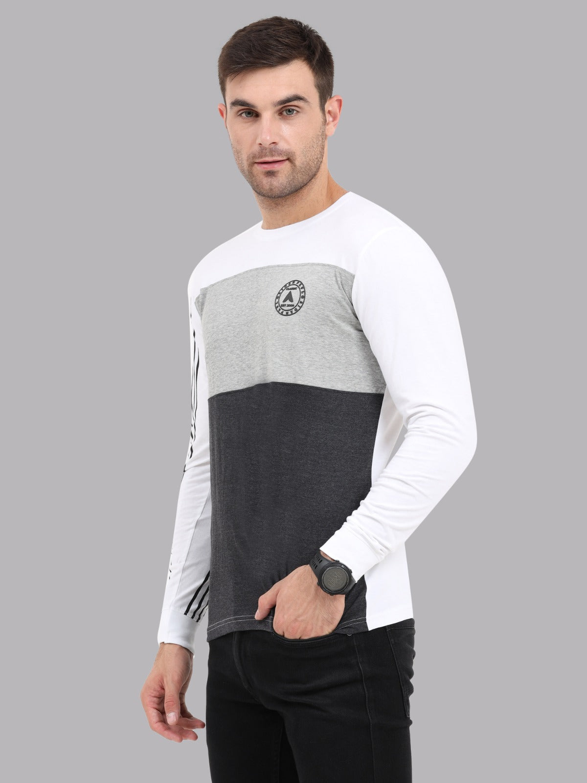 Stylish men's slim fit full sleeve t-shirt with stripe sleeve detail and logo print modern casual outfit.