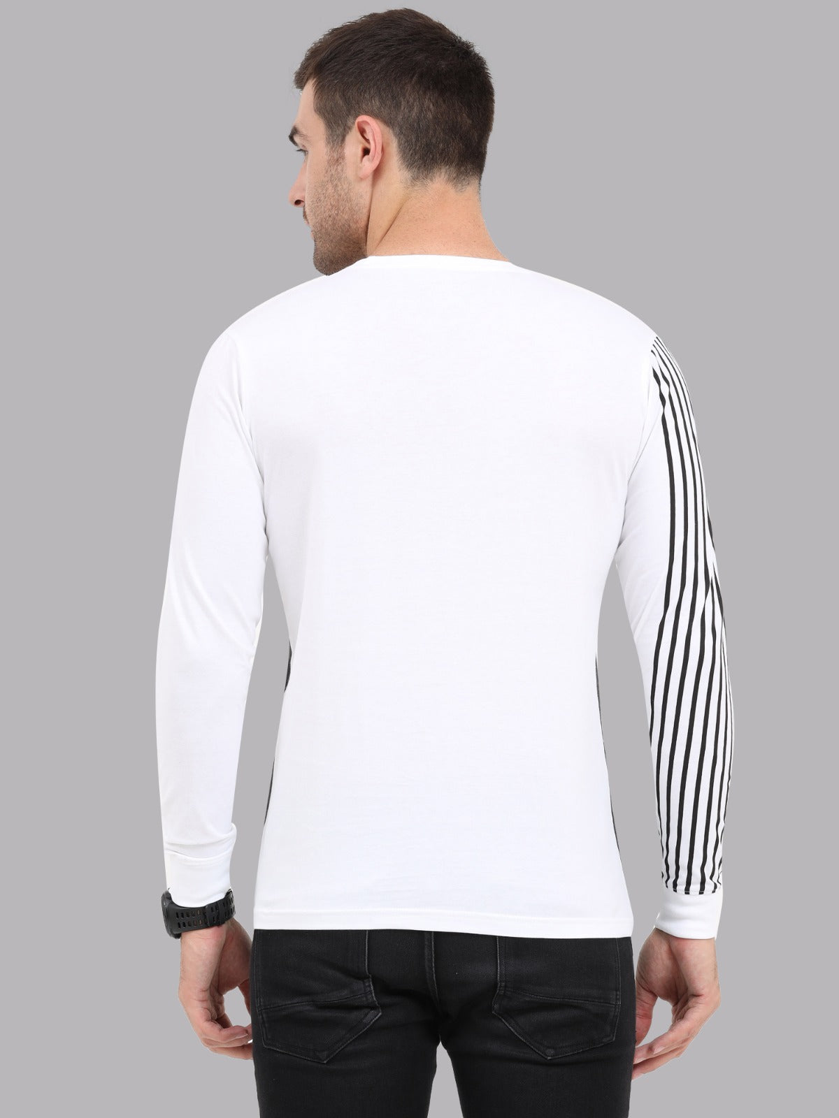 Men's premium full sleeve t-shirt in white grey and charcoal paired with black jeans smart everyday fashion wear.