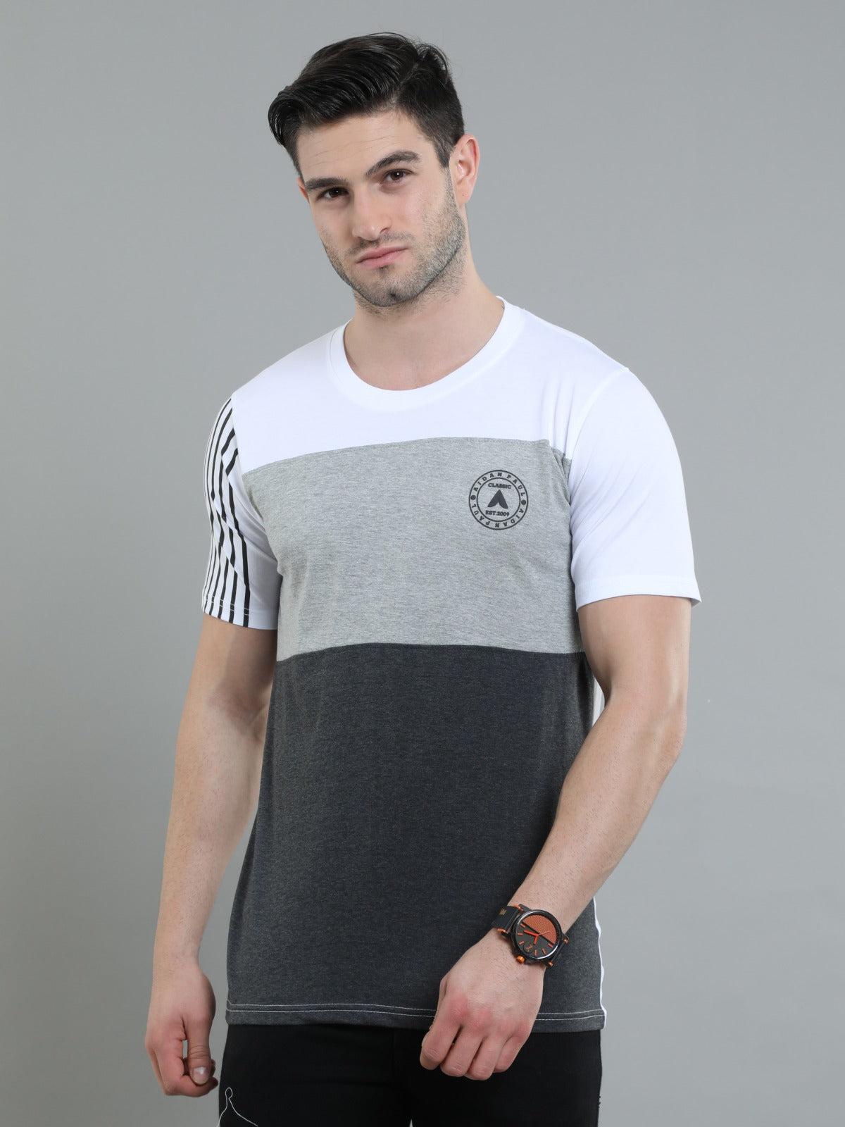 Men white grey and charcoal half sleeve t-shirt front view with striped sleeve stylish casual wear.