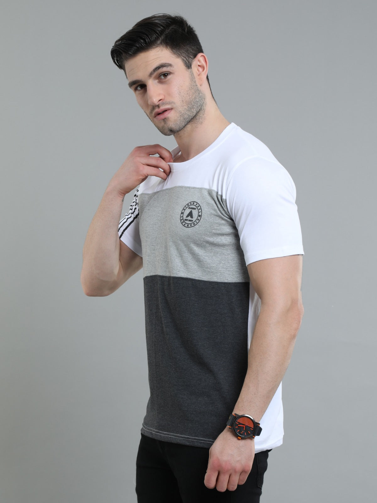 Trendy mens cotton round neck t-shirt with white upper panel grey chest and charcoal lower design.