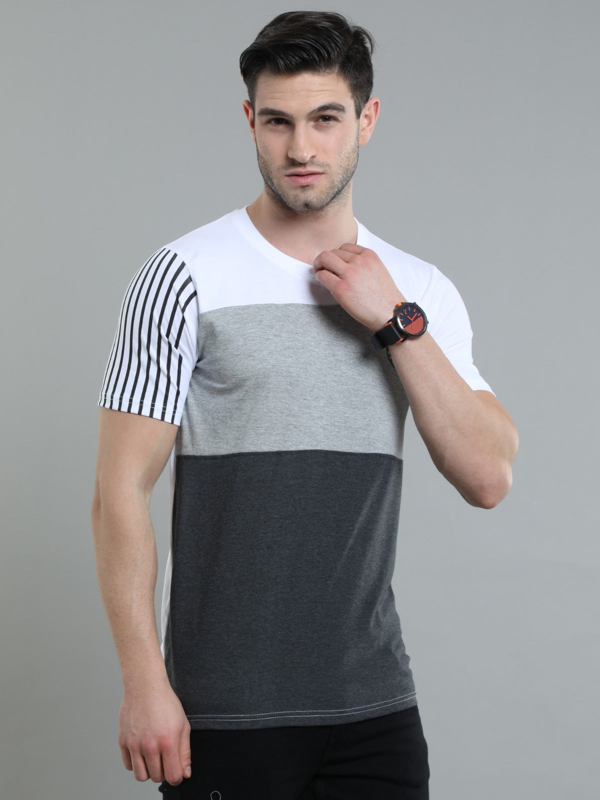 Stylish mens slim fit half sleeve t-shirt with stripe sleeve detail and chest logo modern fashion wear.