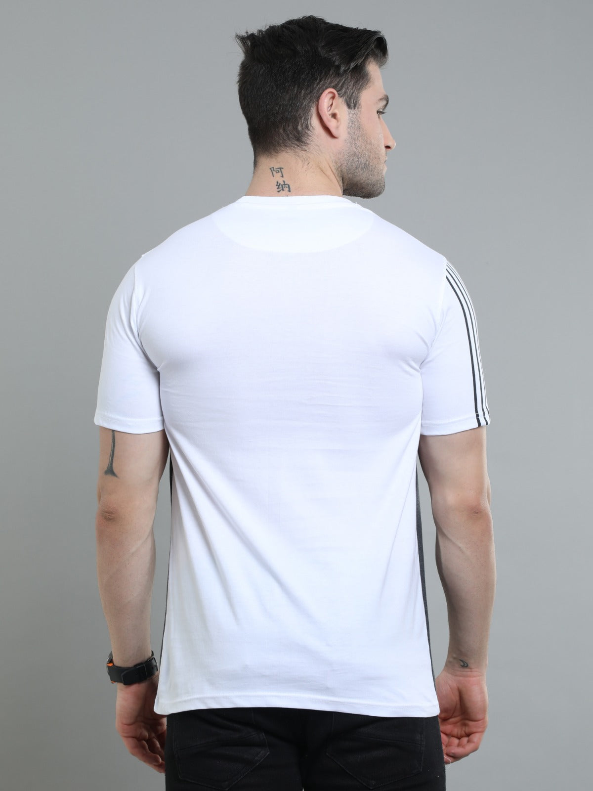 Mens premium casual t-shirt in white grey and charcoal paired with black pants smart everyday outfit.