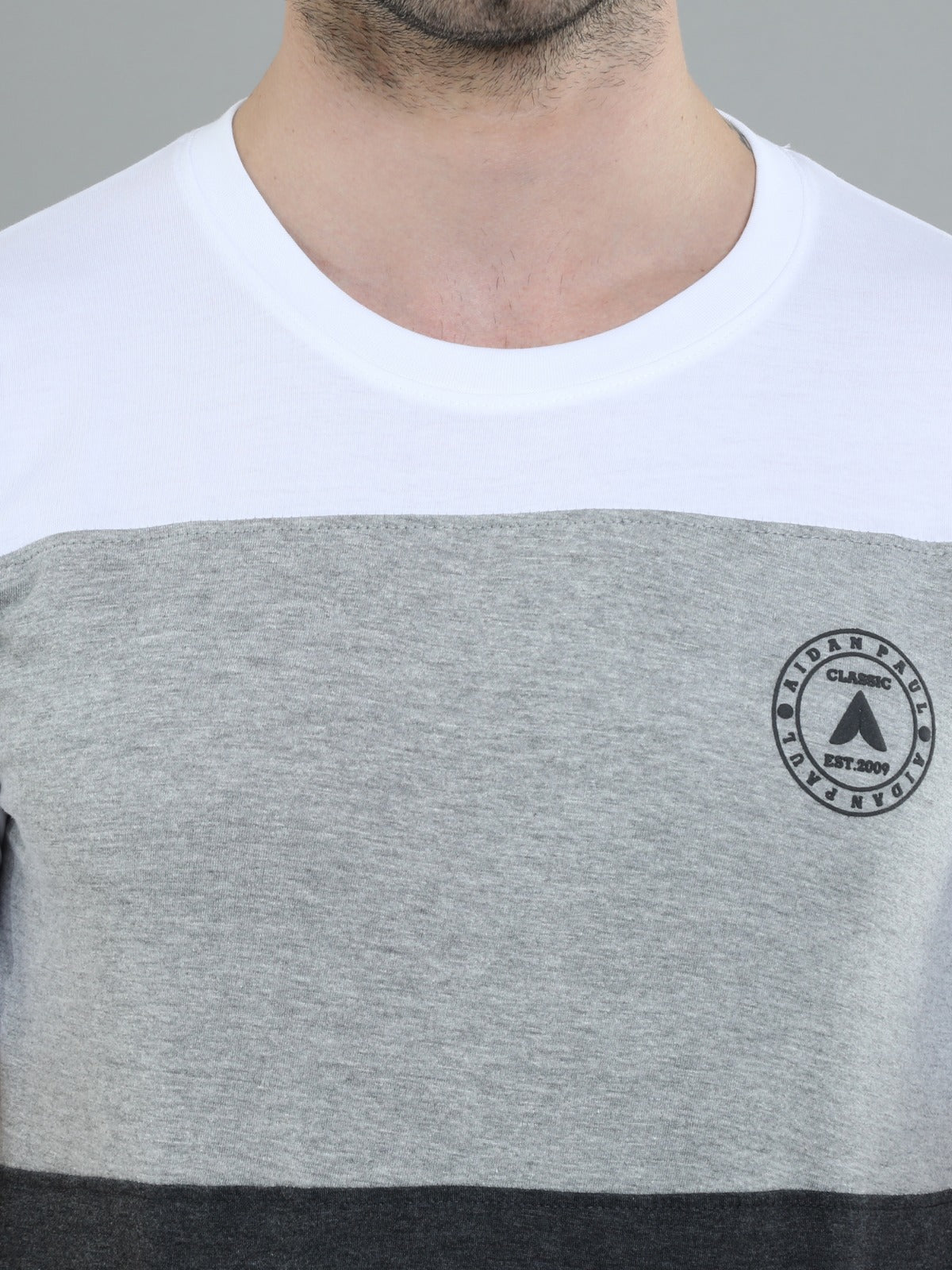 Comfortable mens summer t-shirt with half sleeves colorblock pattern and soft breathable cotton fabric.