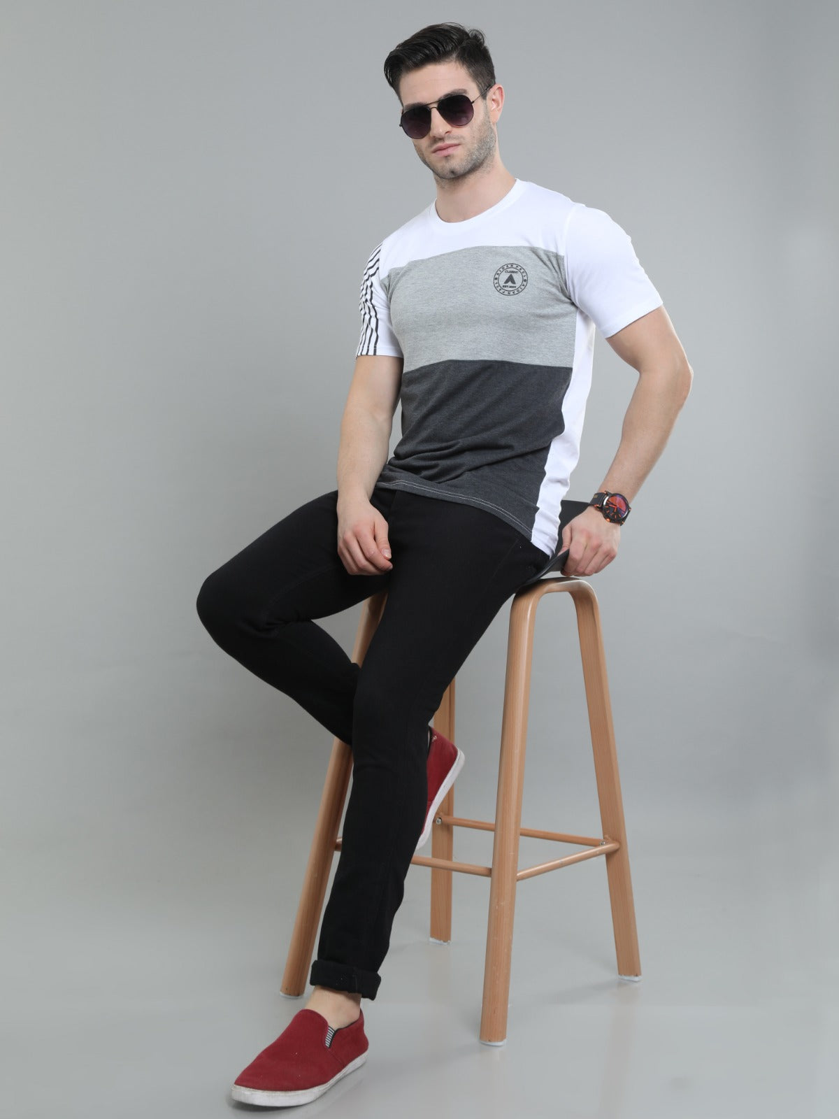Fashionable mens casual tee front pose with striped sleeve accent and premium modern style.