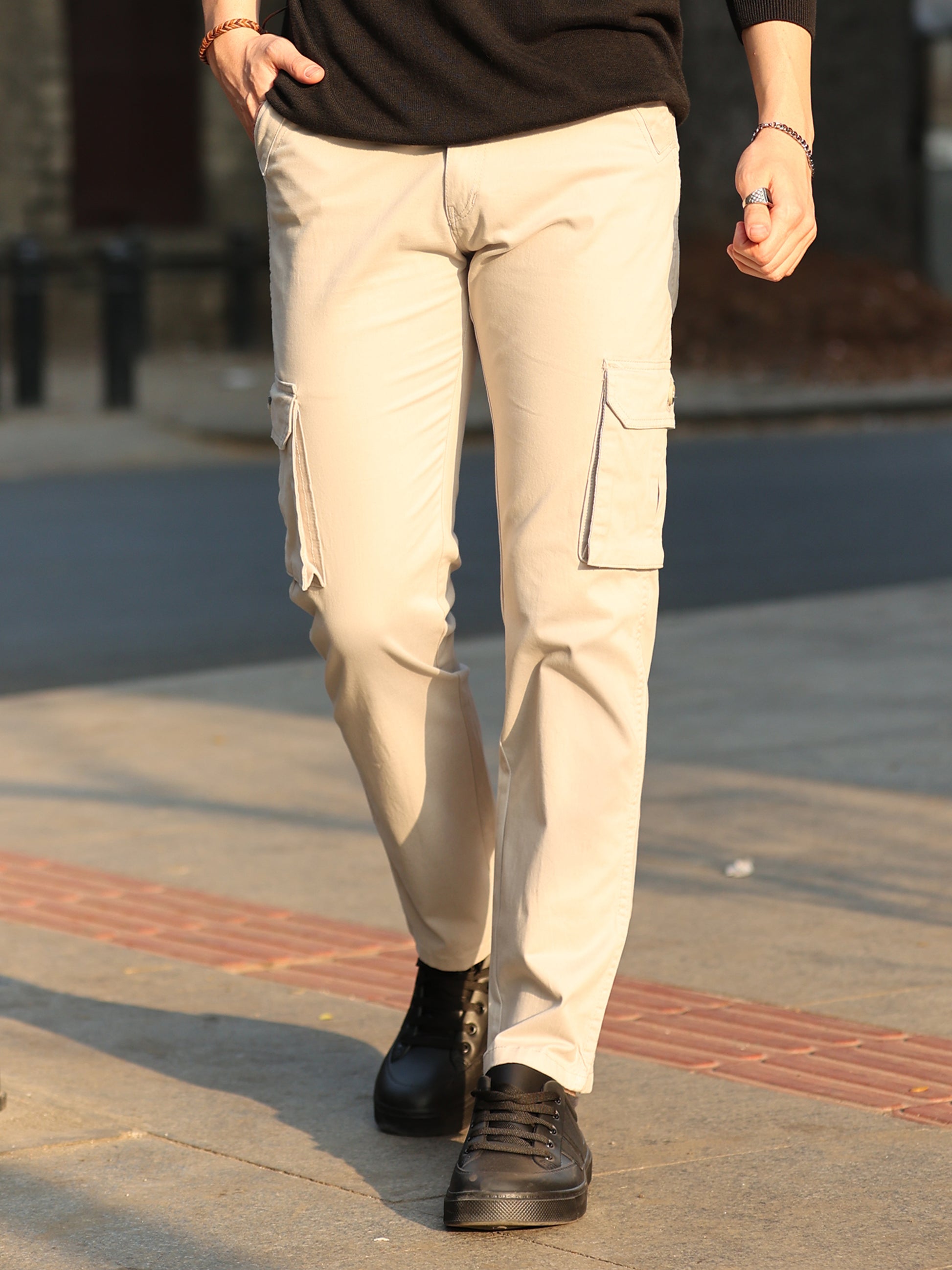 Trendy men's cotton cargos in cream beige with clean slim fit design