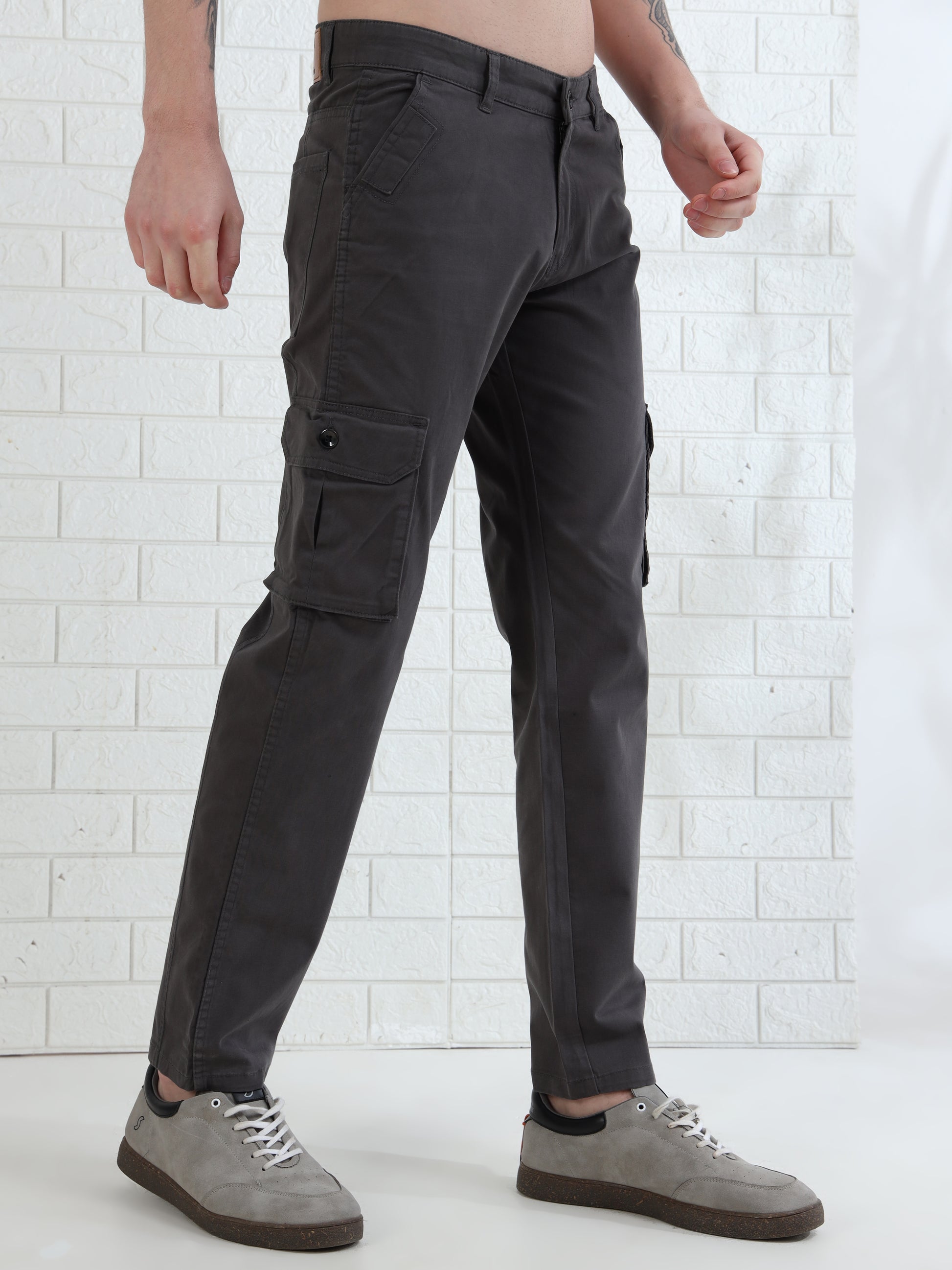 Trendy men's cotton cargos in charcoal grey with clean slim fit design