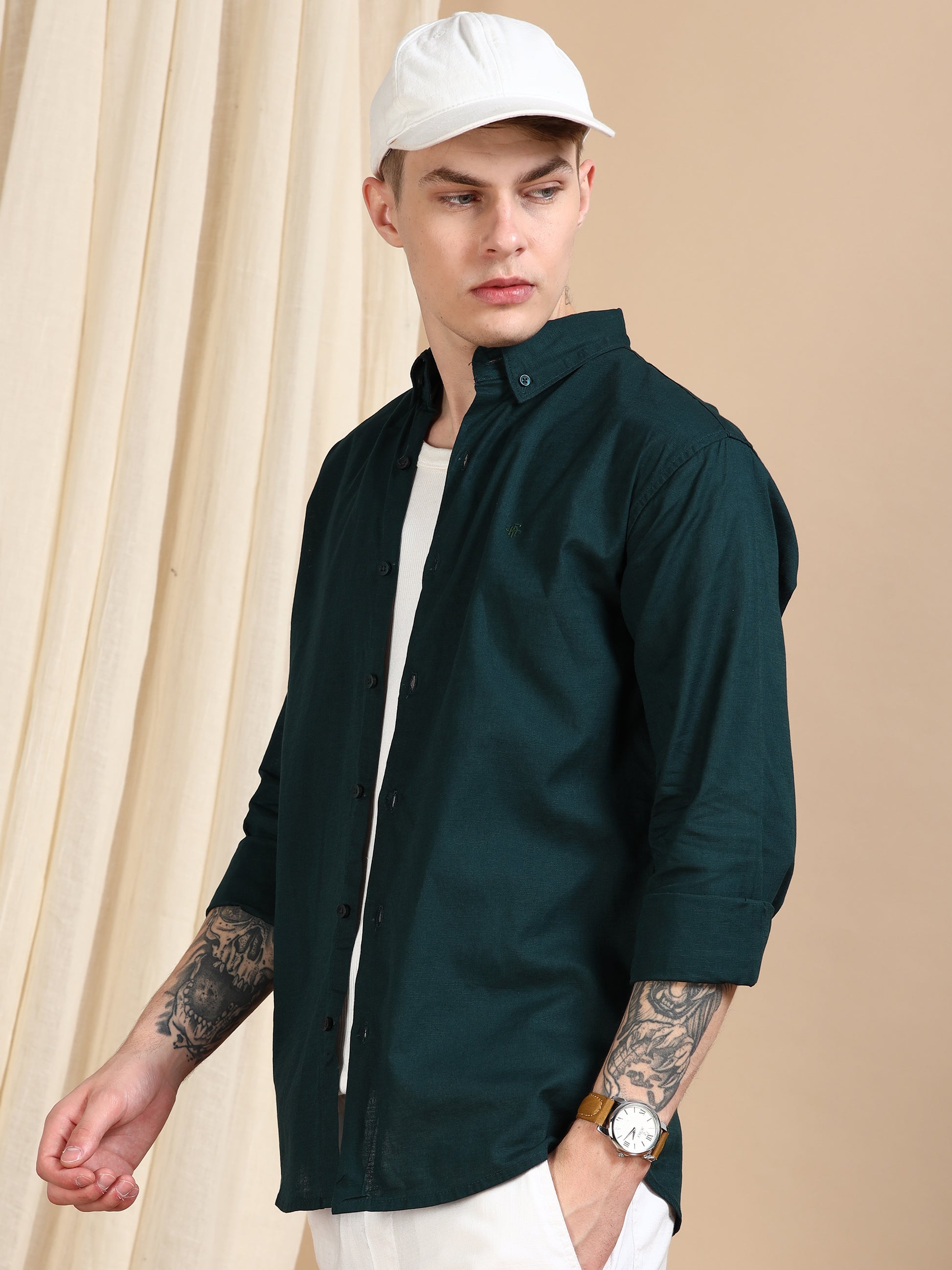 Solid Linen Dark Green Shirt For Men