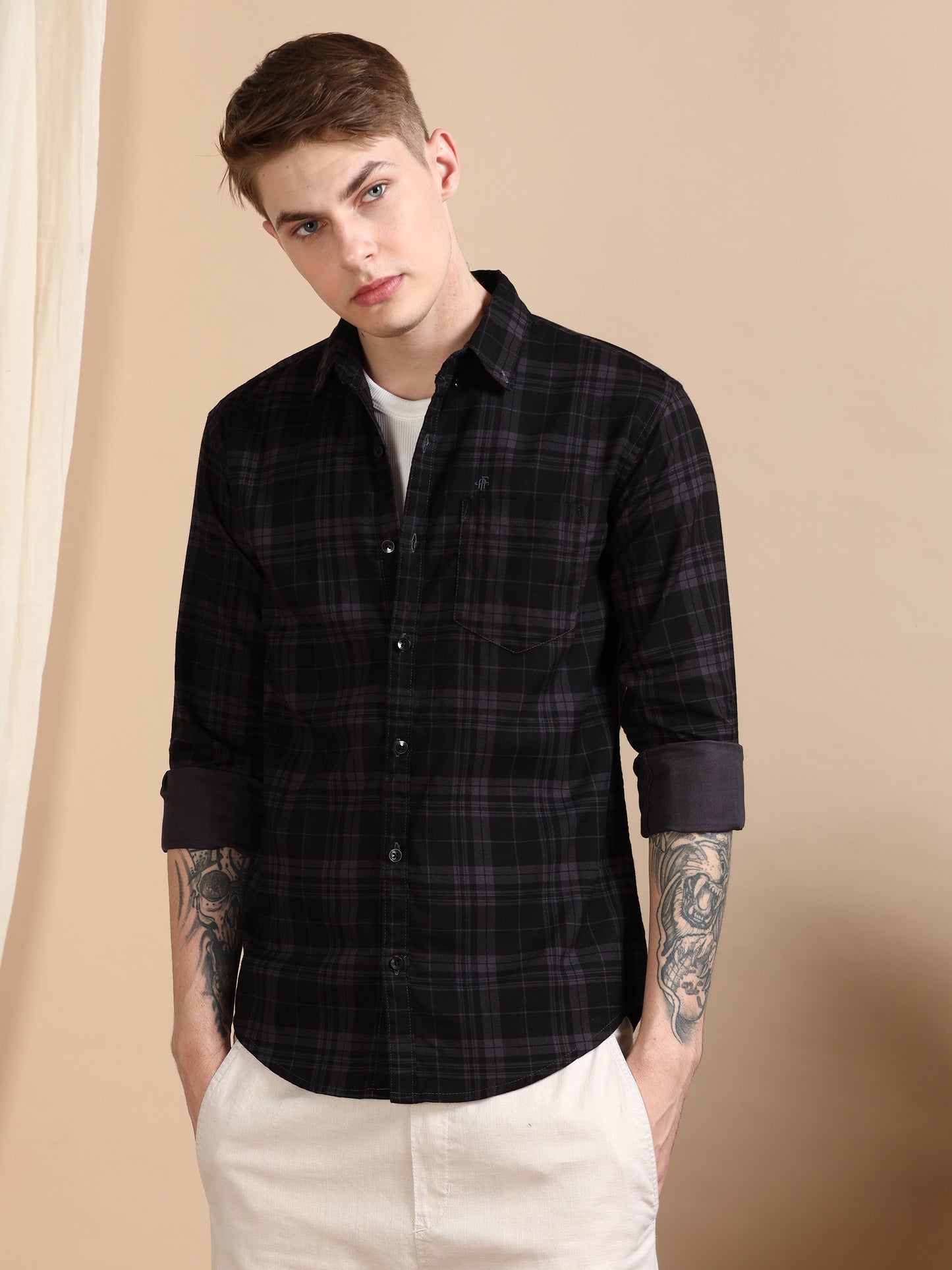 Ash Grey Casual Shirts Check Pattern for Men