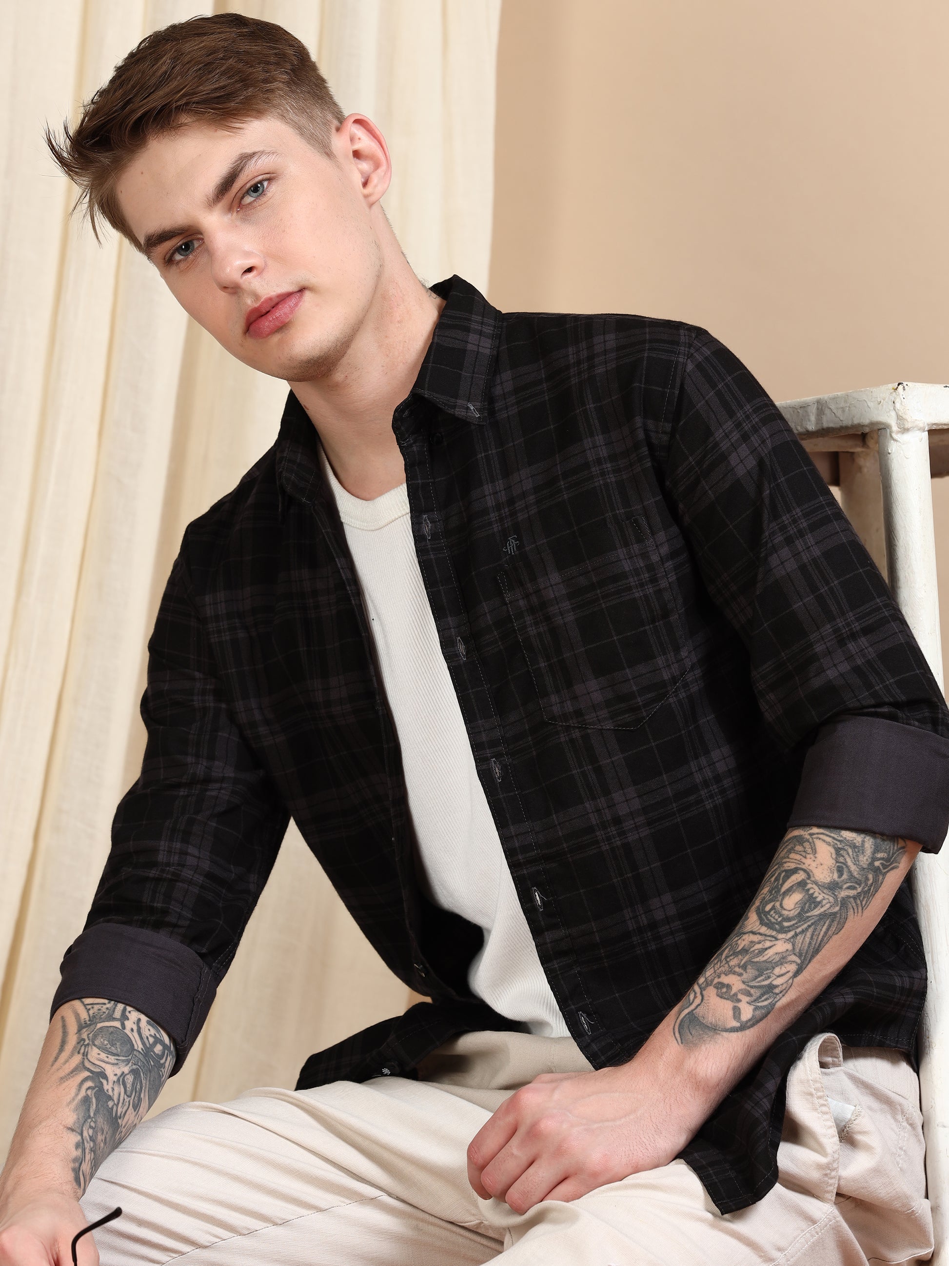 Ash Grey Casual Shirts Check Pattern for Men