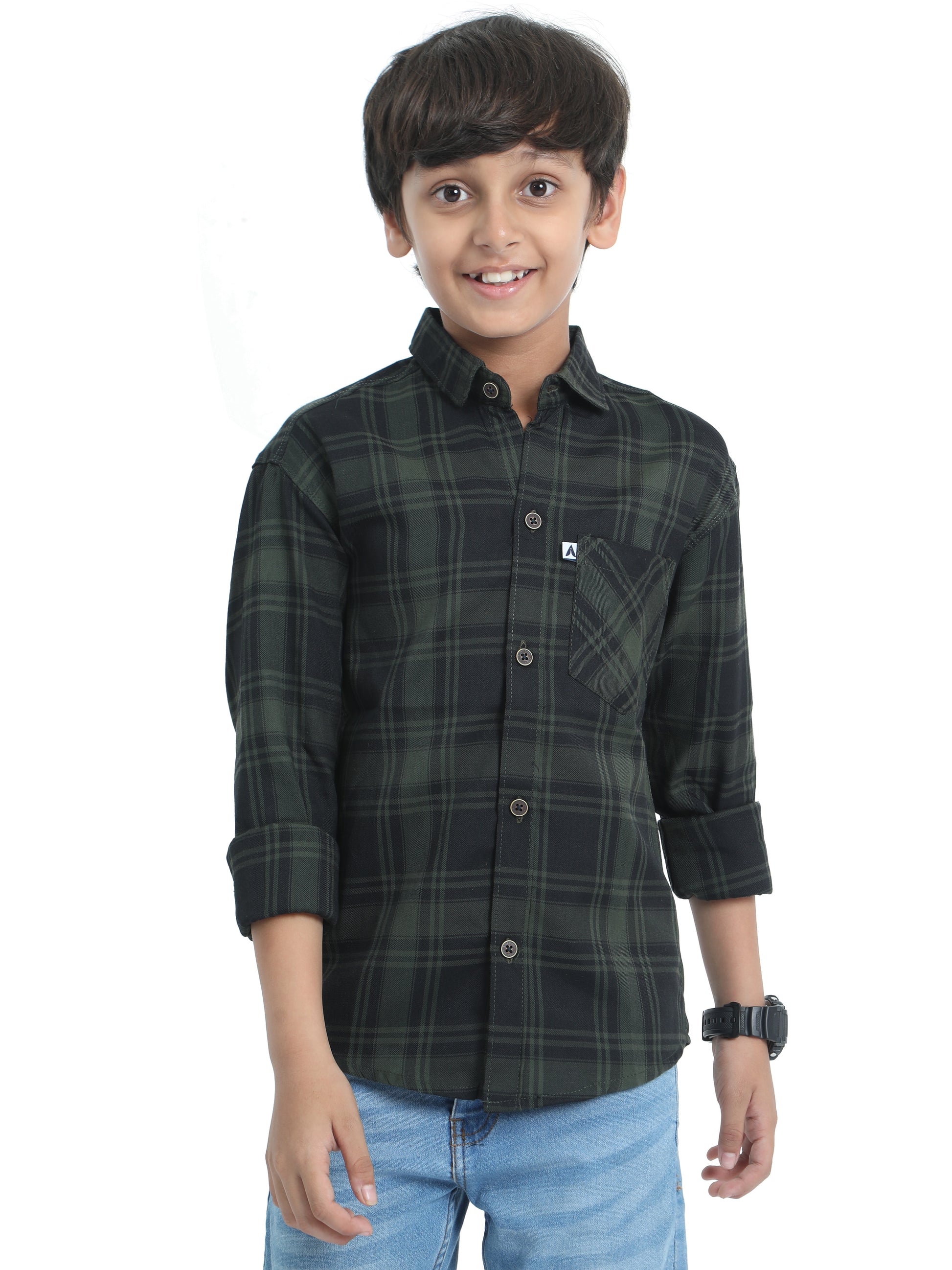 Cotton Tiger Checks Boys Green Shirt