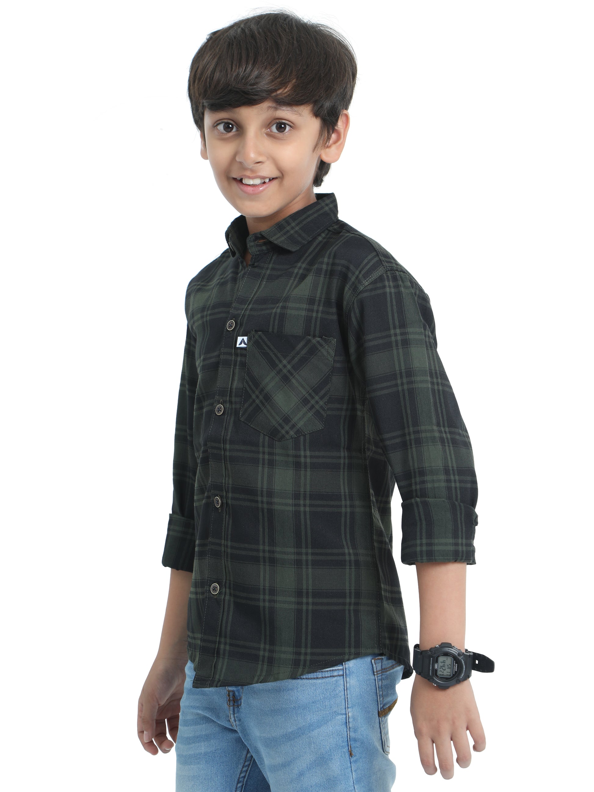 Cotton Tiger Checks Boys Green Shirt