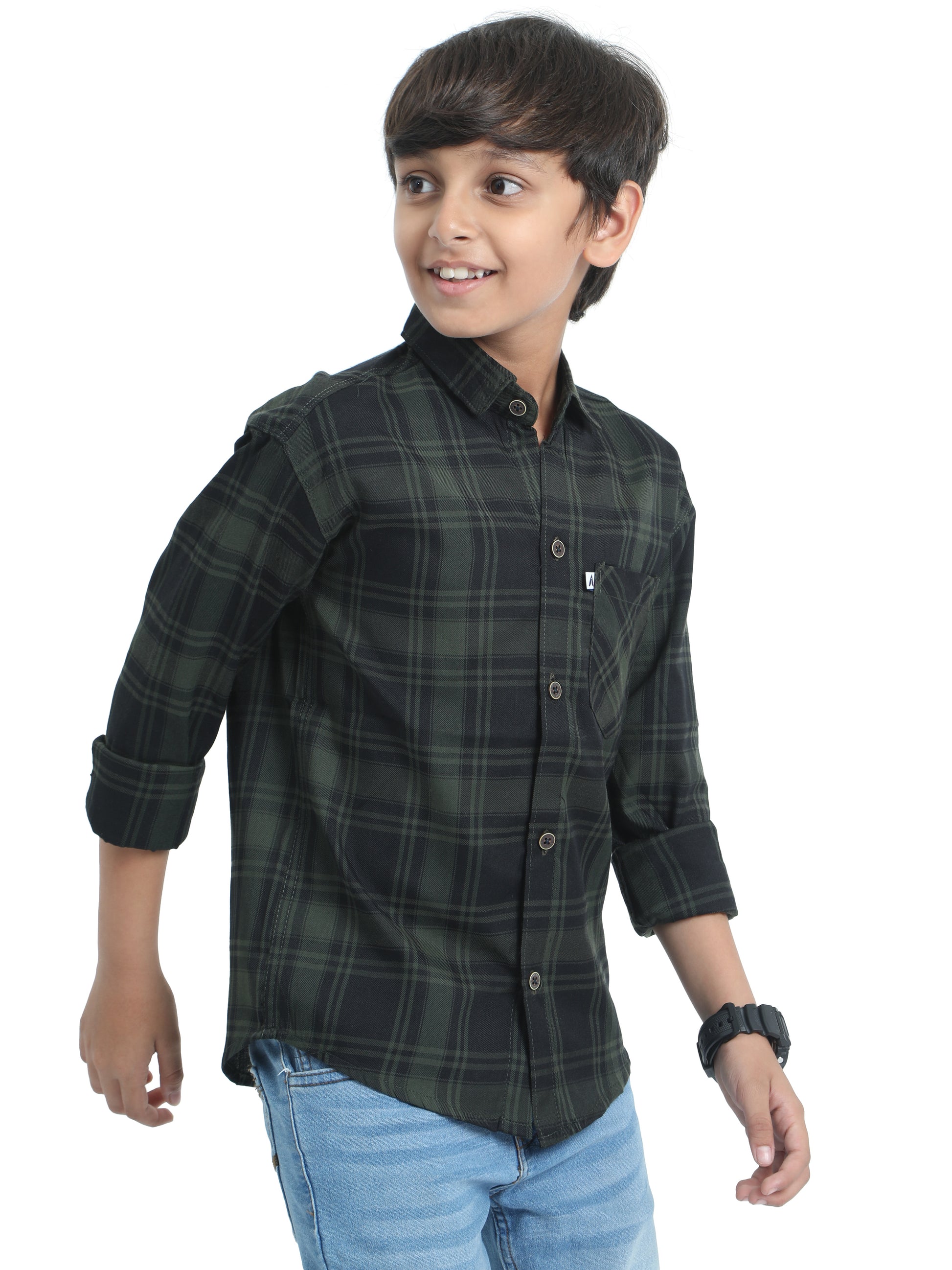 Cotton Tiger Checks Boys Green Shirt