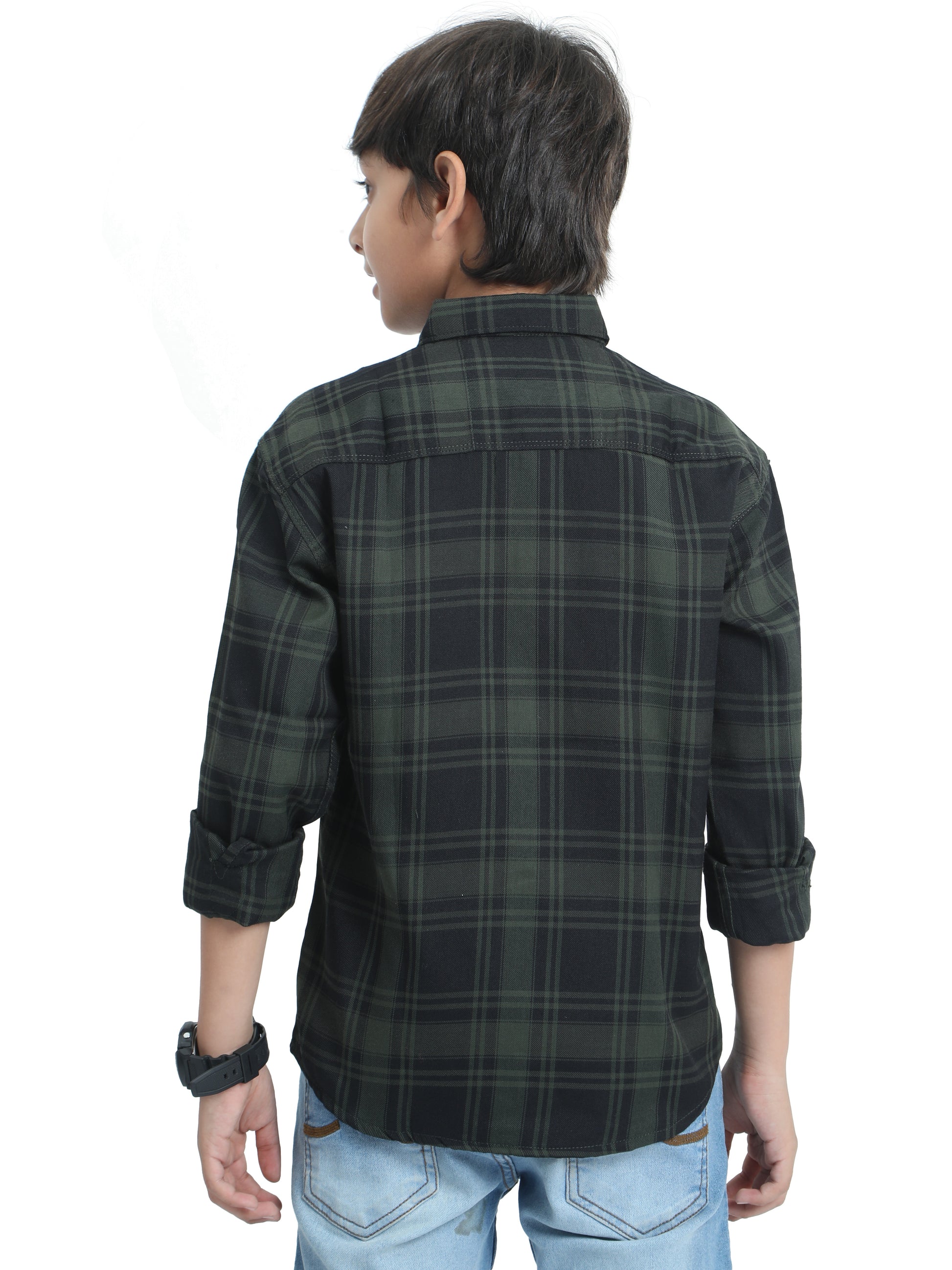 Cotton Tiger Checks Boys Green Shirt