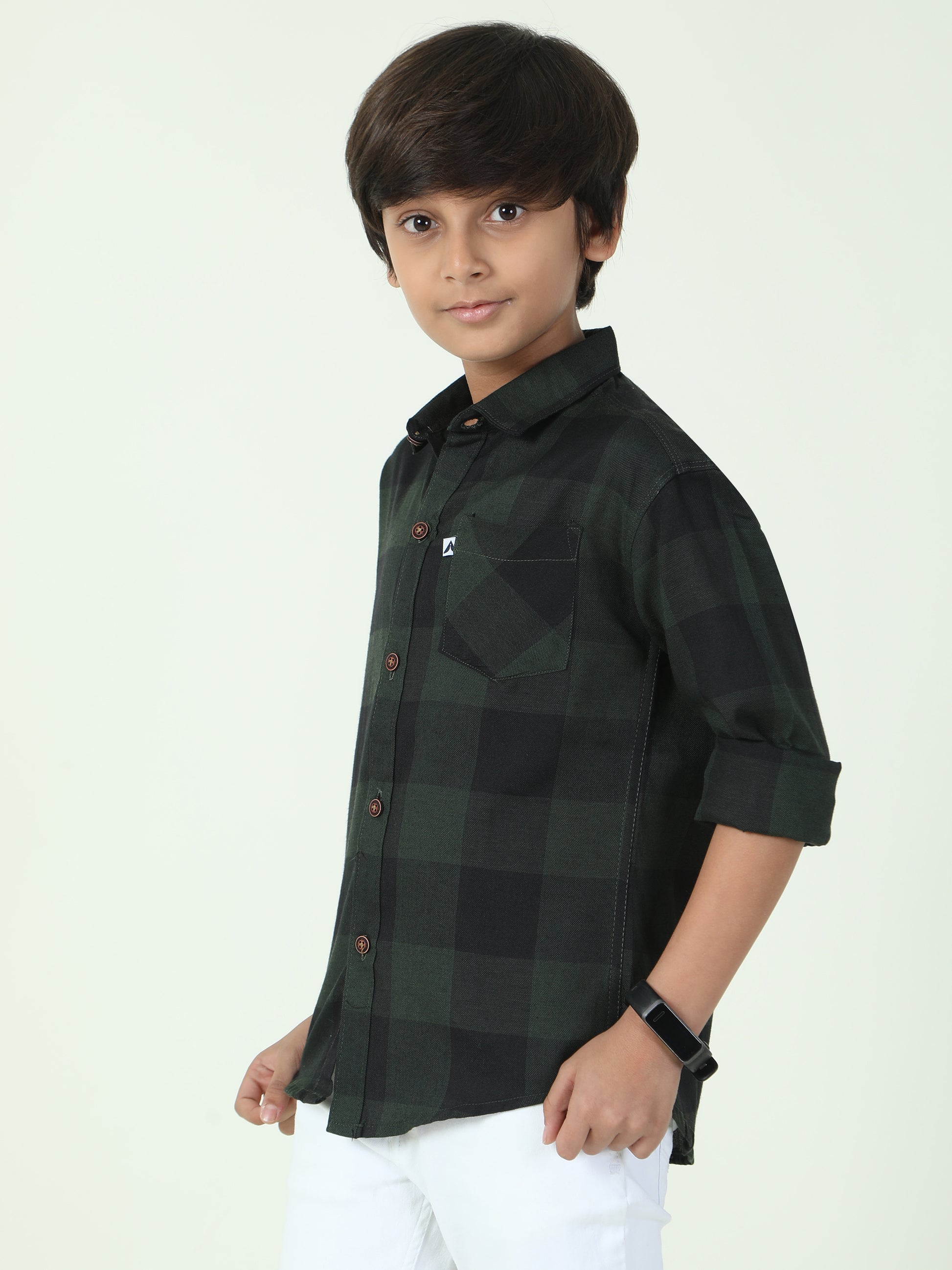 Tomtom Cotton Blend Boys Green Plaid Shirt