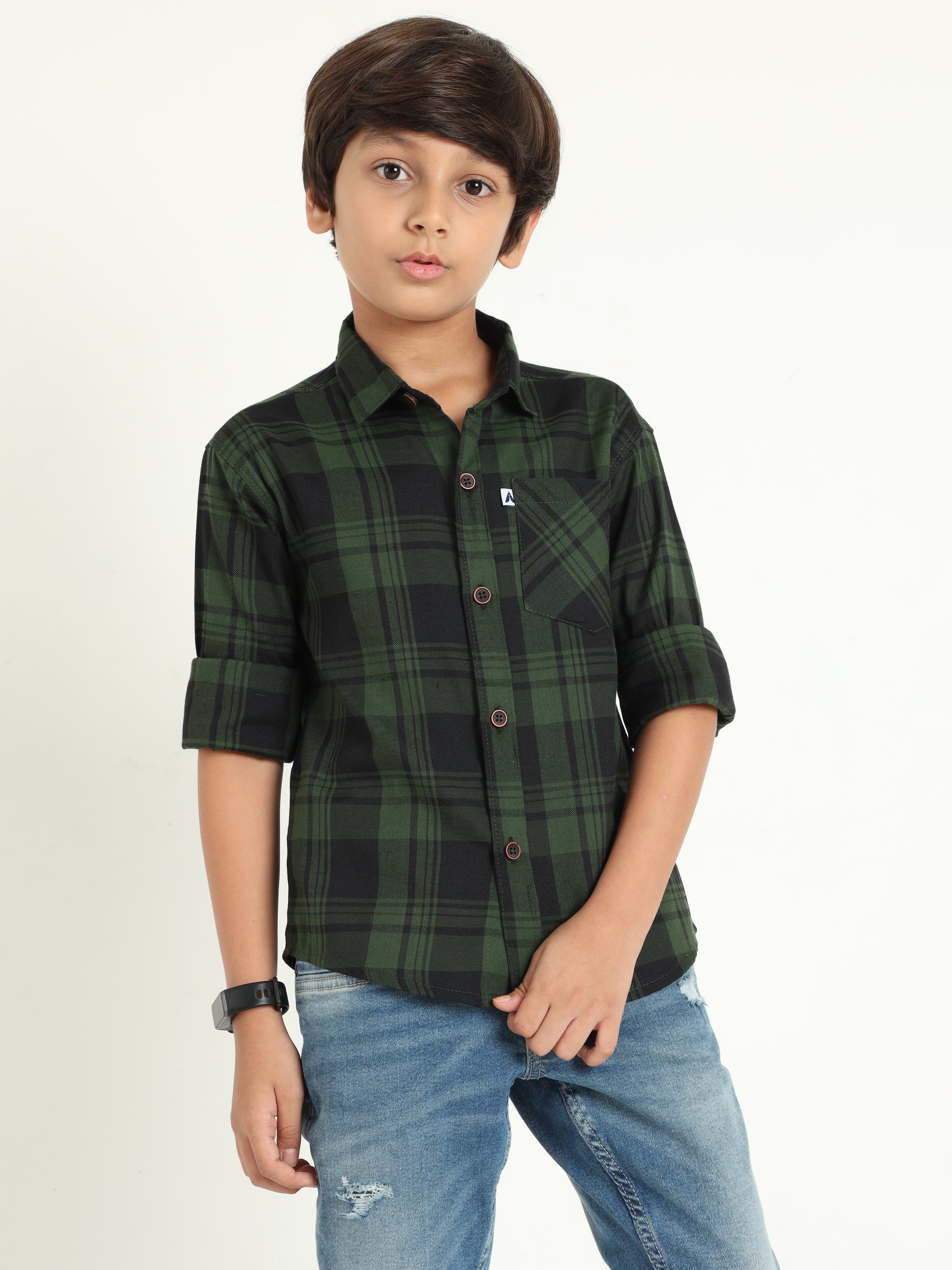 Cotton Blend Checks Wanted Boys Green Dress Shirt