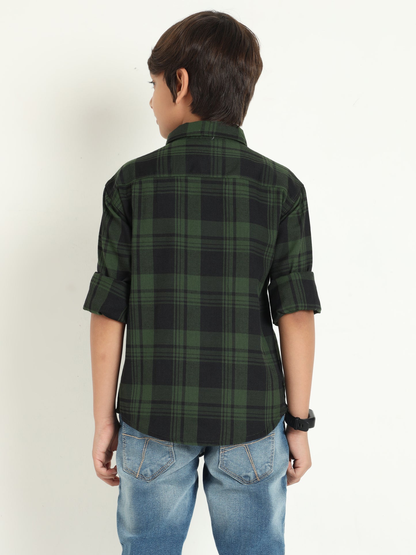 Cotton Blend Checks Wanted Boys Green Dress Shirt