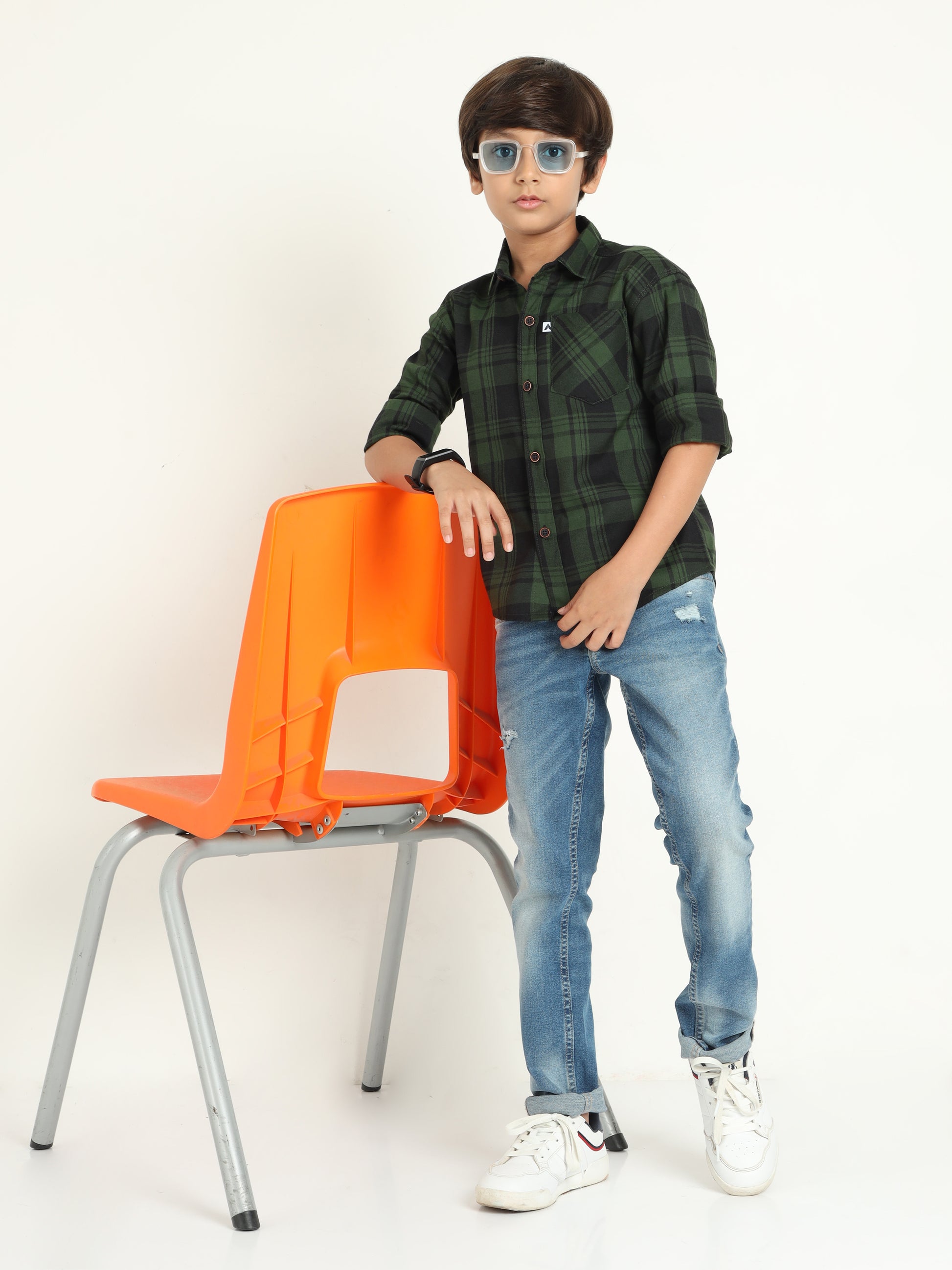 Cotton Blend Checks Wanted Boys Green Dress Shirt