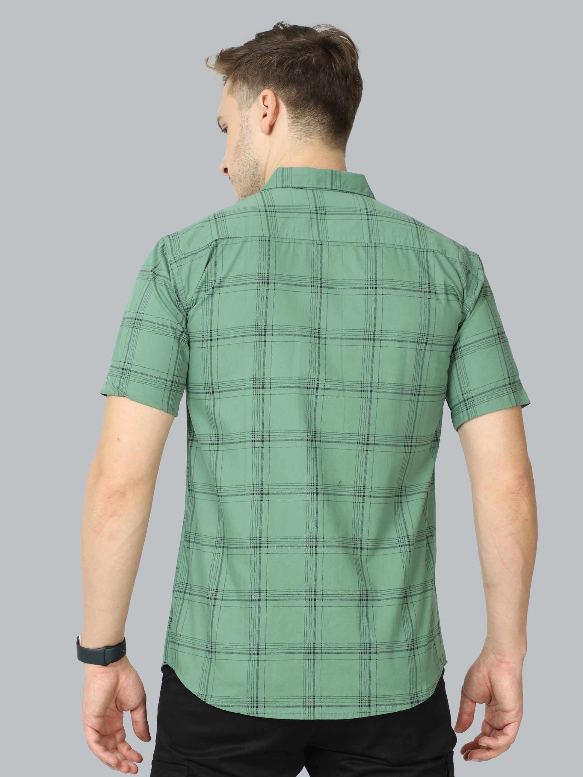 6line Half Sleeve Green Check Shirt Men 