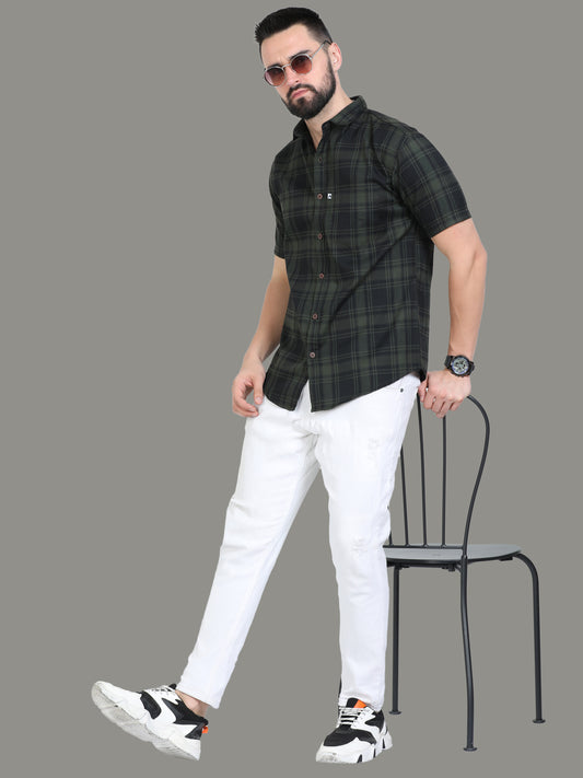 Tiger Cotton Blend Green Trendy Checked Shirt For Men