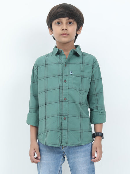 Buy 6line Checked Boys Green Long Sleeve Shirt Online