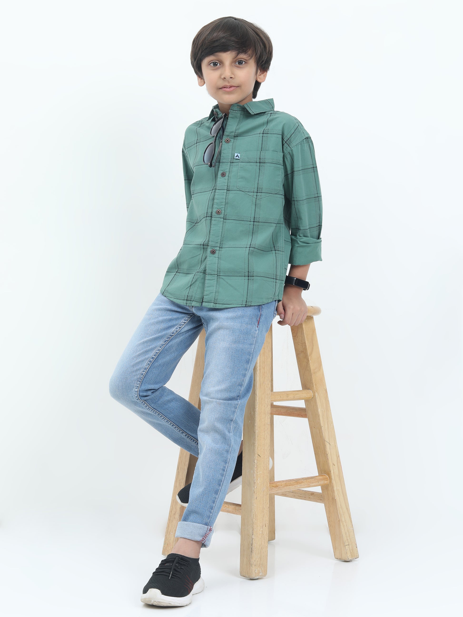 6line Checked Boys Green Long Sleeve Shirt 